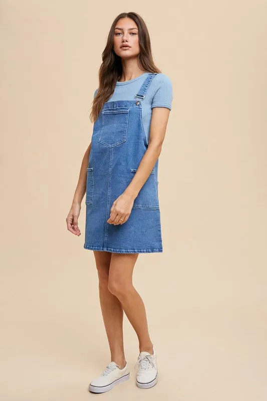Blue Wide Strap Denim Overall Dress with Pockets