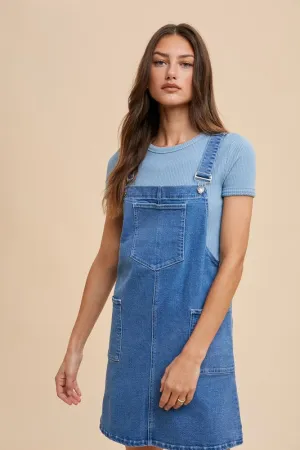 Blue Wide Strap Denim Overall Dress with Pockets
