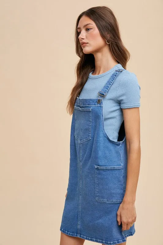 Blue Wide Strap Denim Overall Dress with Pockets