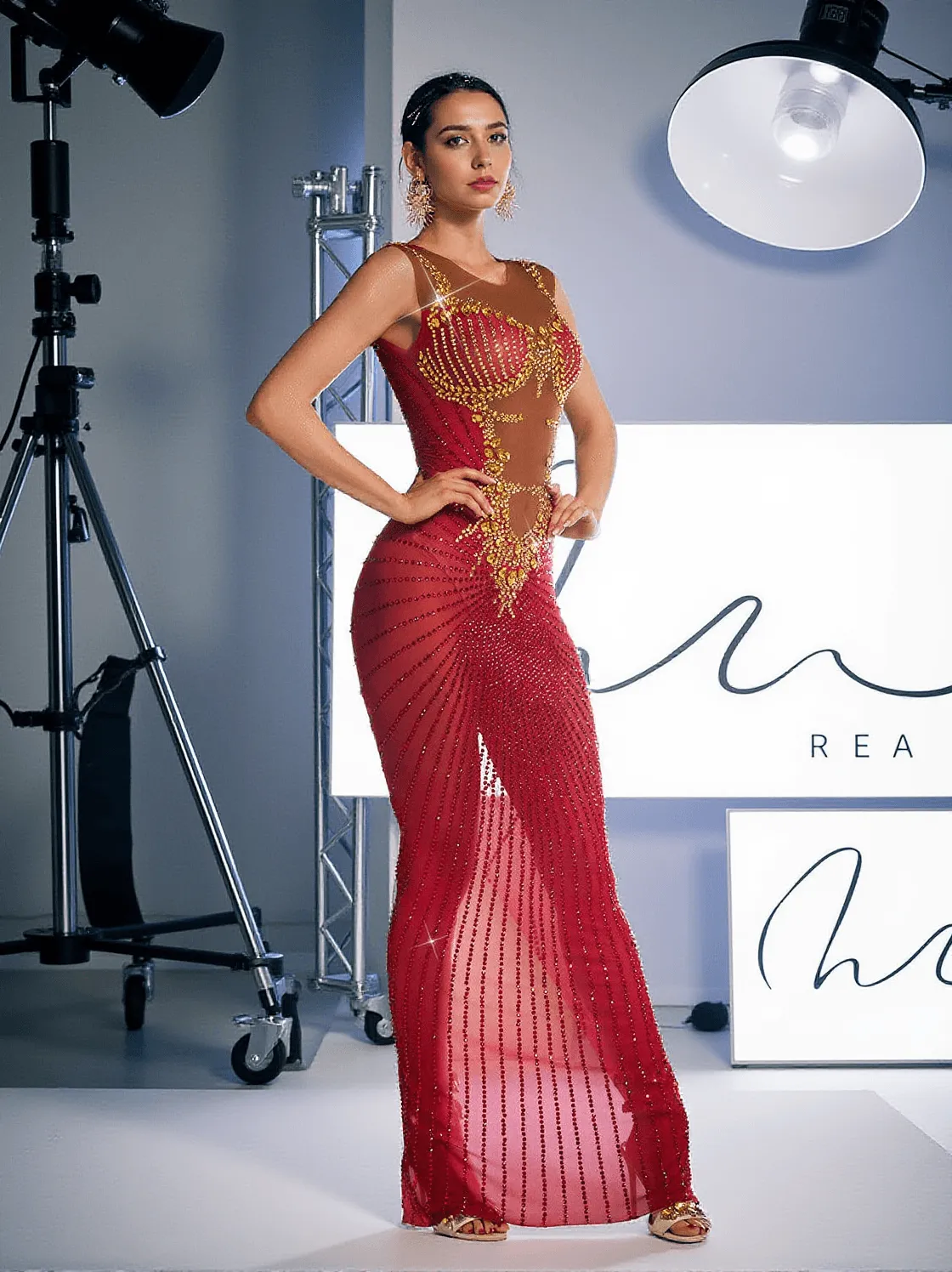 Brody Printed Rhinestone Split Maxi Dress In Red