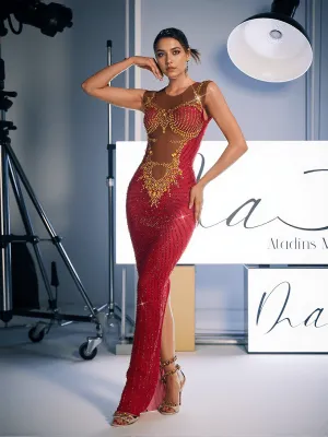 Brody Printed Rhinestone Split Maxi Dress In Red