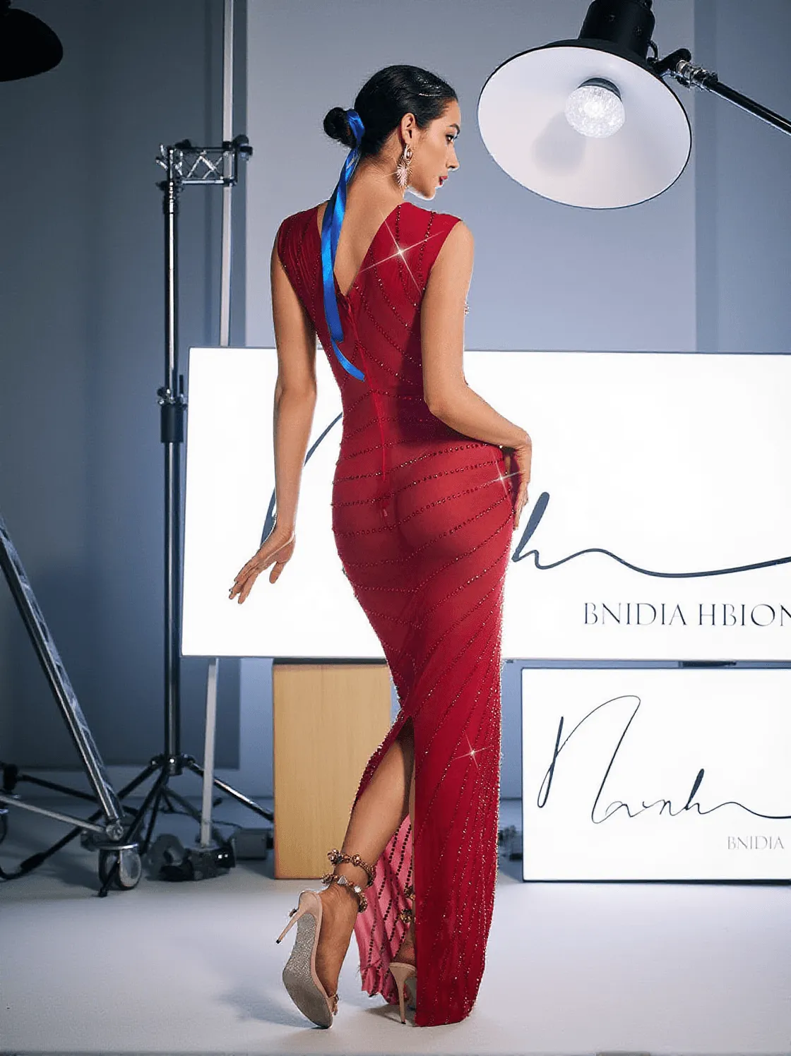 Brody Printed Rhinestone Split Maxi Dress In Red
