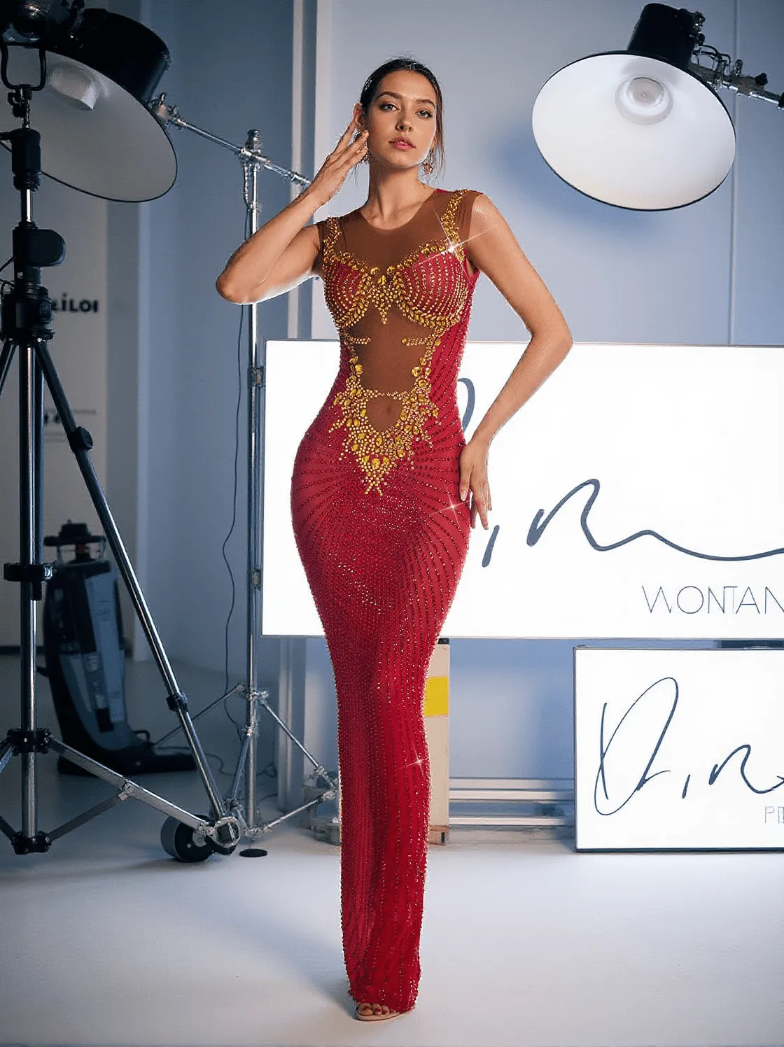 Brody Printed Rhinestone Split Maxi Dress In Red