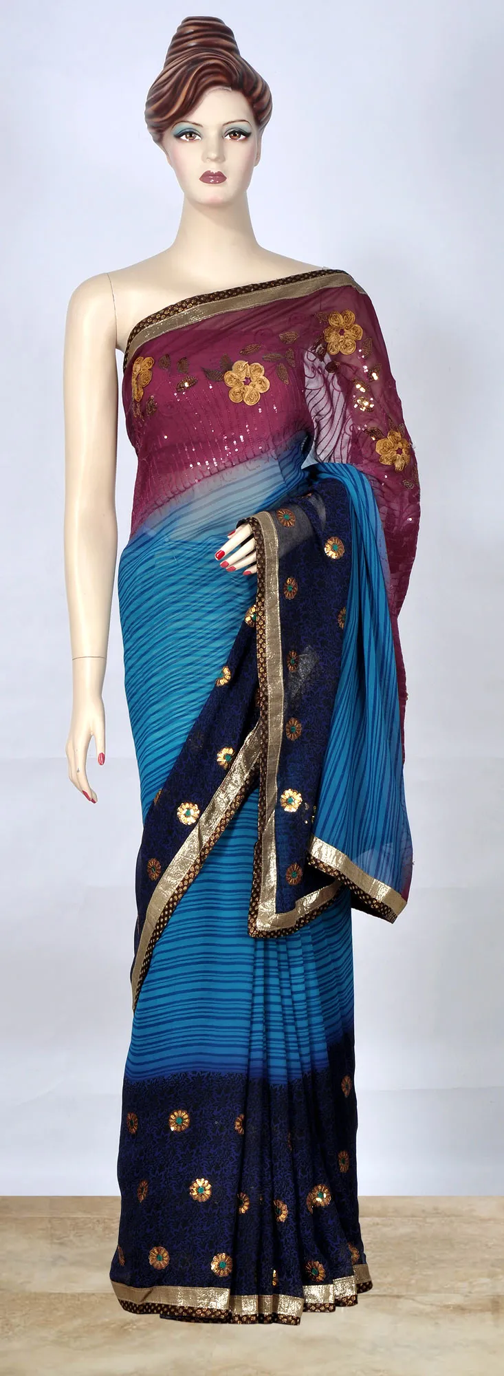 Burgandy Sea Green & Navy Blue Saree