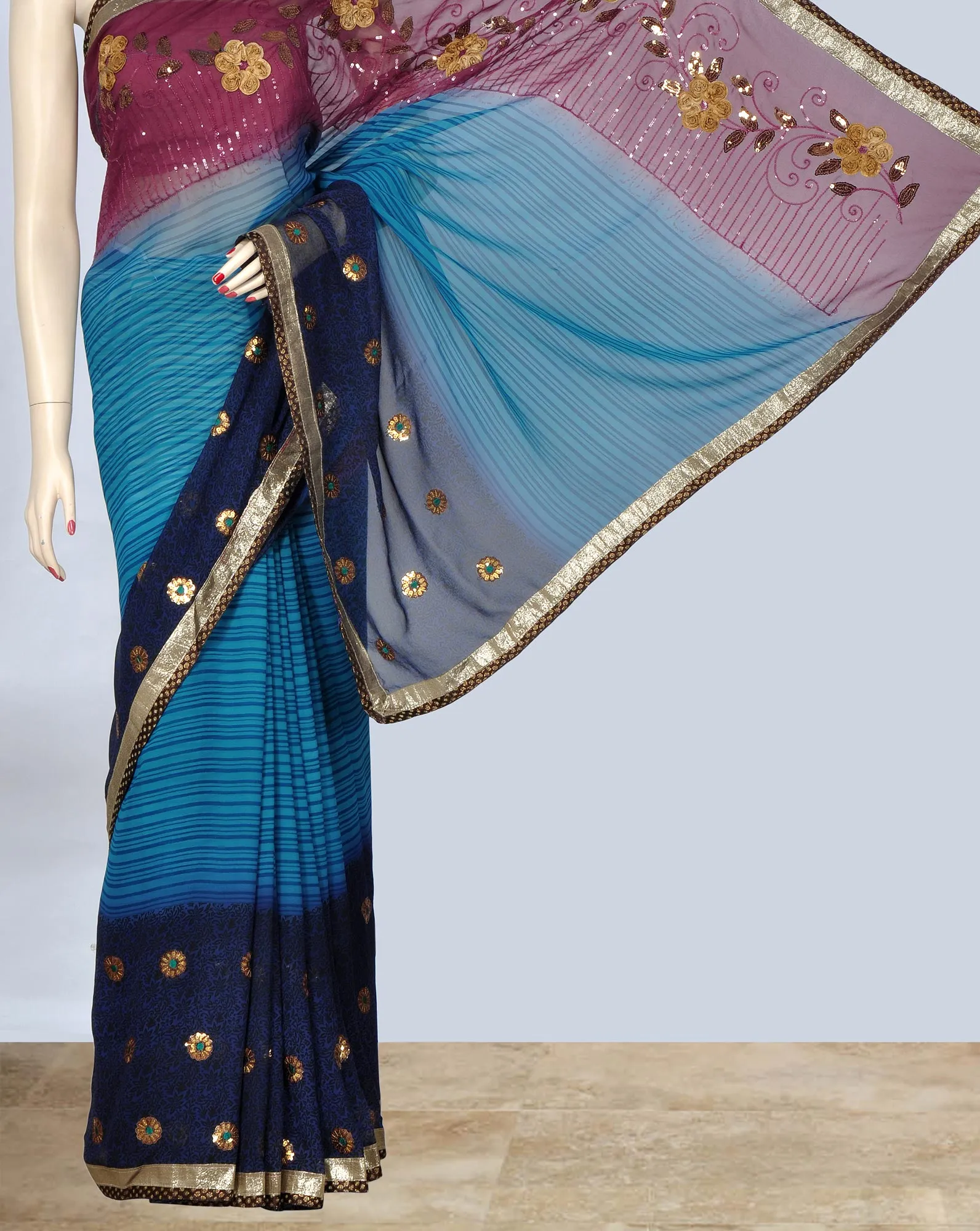 Burgandy Sea Green & Navy Blue Saree
