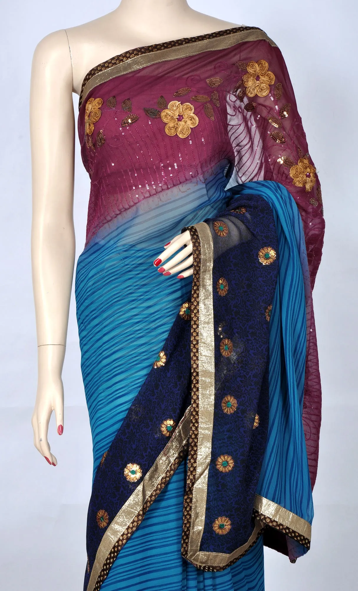 Burgandy Sea Green & Navy Blue Saree