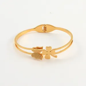 Butterfly Clover-leaves Gold Plated Stainless Steel Handcuff for Women