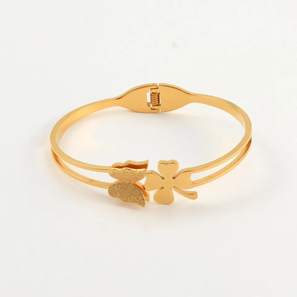 Butterfly Clover-leaves Gold Plated Stainless Steel Handcuff for Women