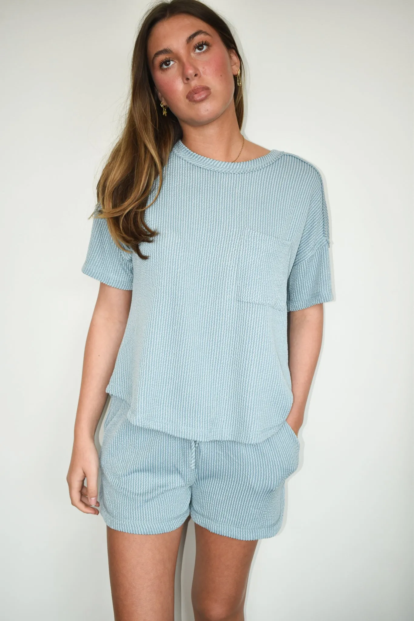 Button Detail Ribbed Knit Set- Dusty Blue