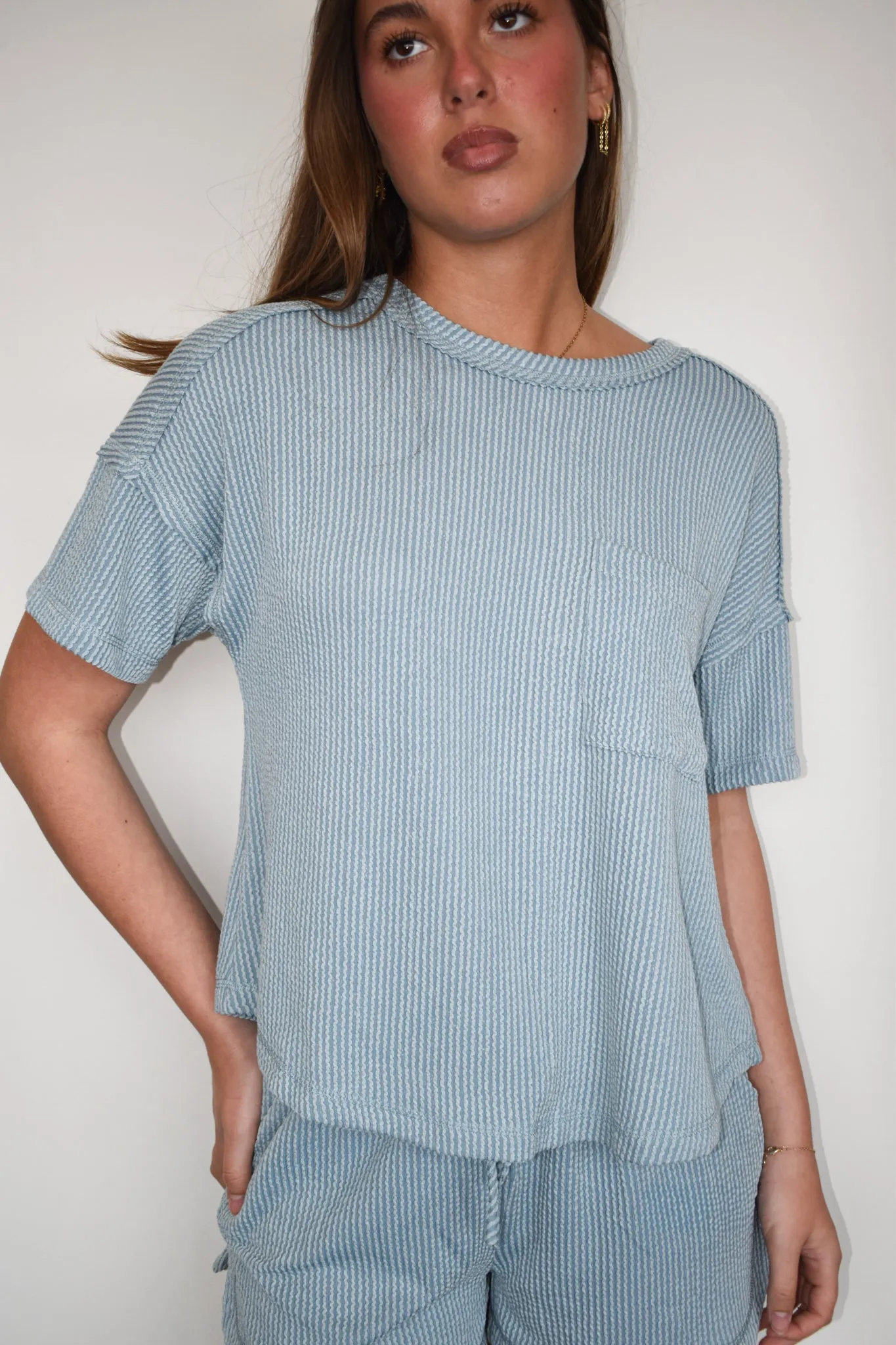 Button Detail Ribbed Knit Set- Dusty Blue