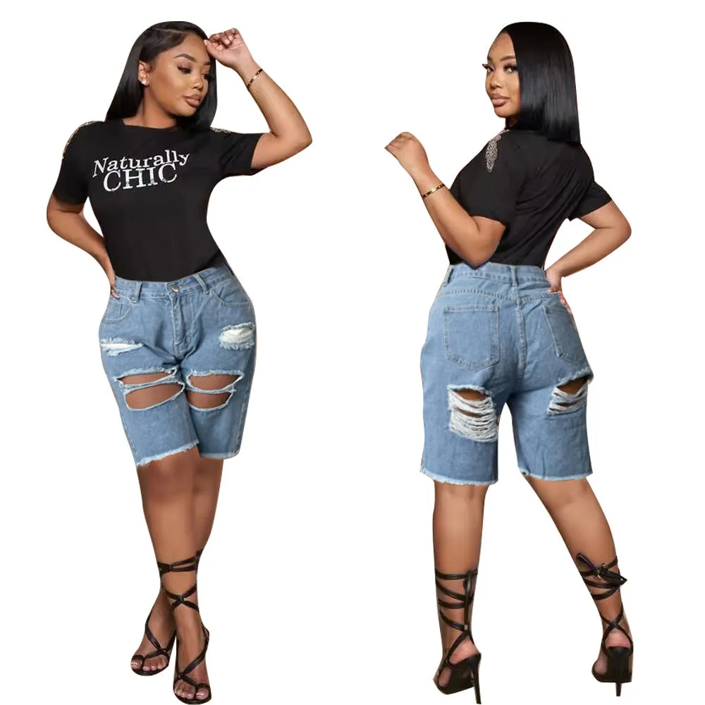 Casual Ripped Tassel Denim Shorts with Bold Graphic Tee