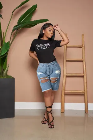 Casual Ripped Tassel Denim Shorts with Bold Graphic Tee