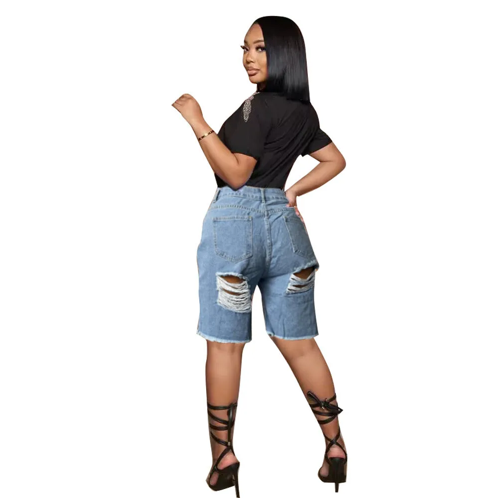 Casual Ripped Tassel Denim Shorts with Bold Graphic Tee