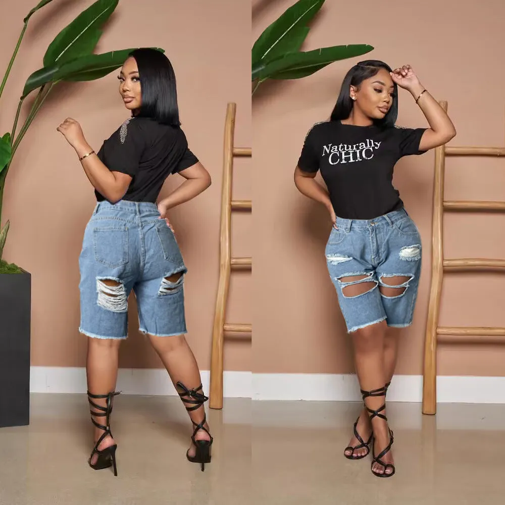 Casual Ripped Tassel Denim Shorts with Bold Graphic Tee