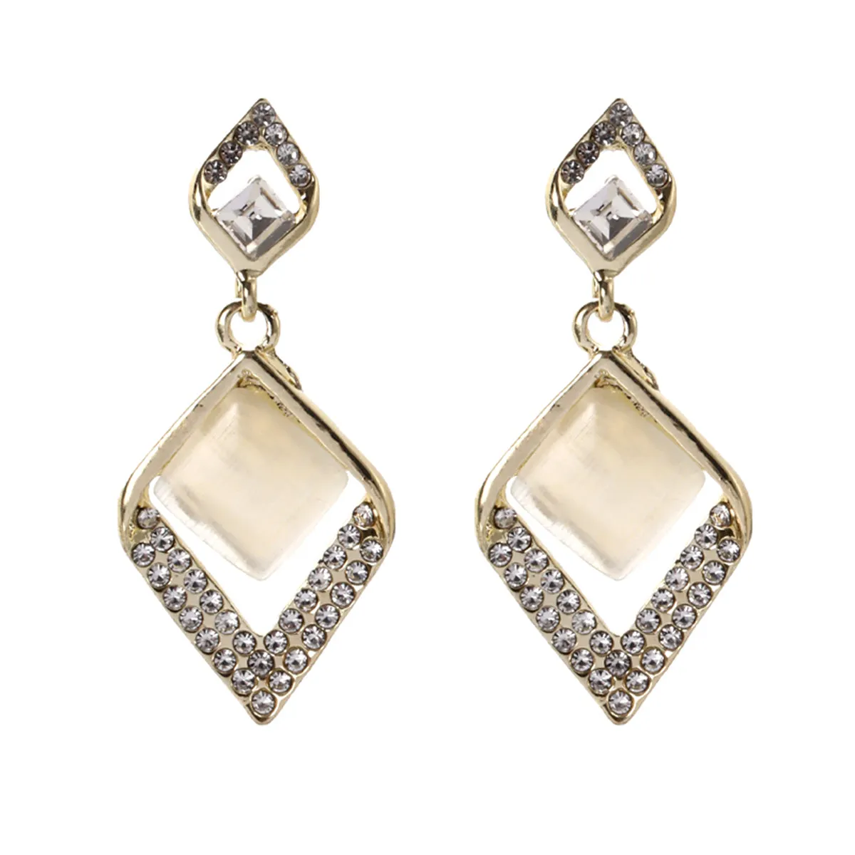 Cats Eye & Crystal Rhombus Drop Earrings