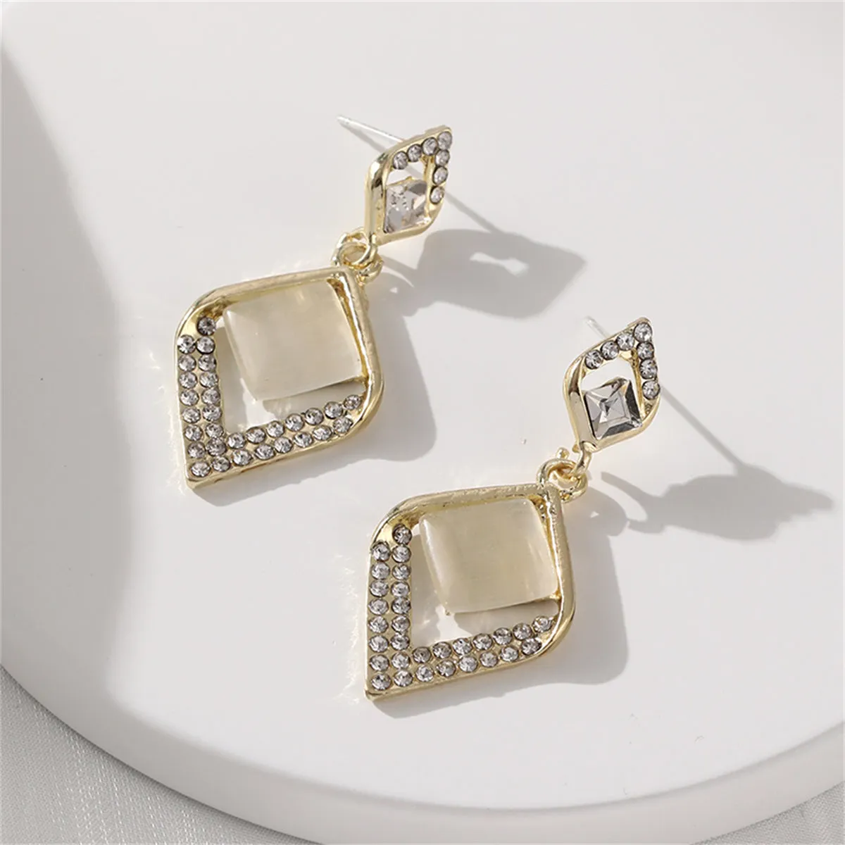 Cats Eye & Crystal Rhombus Drop Earrings