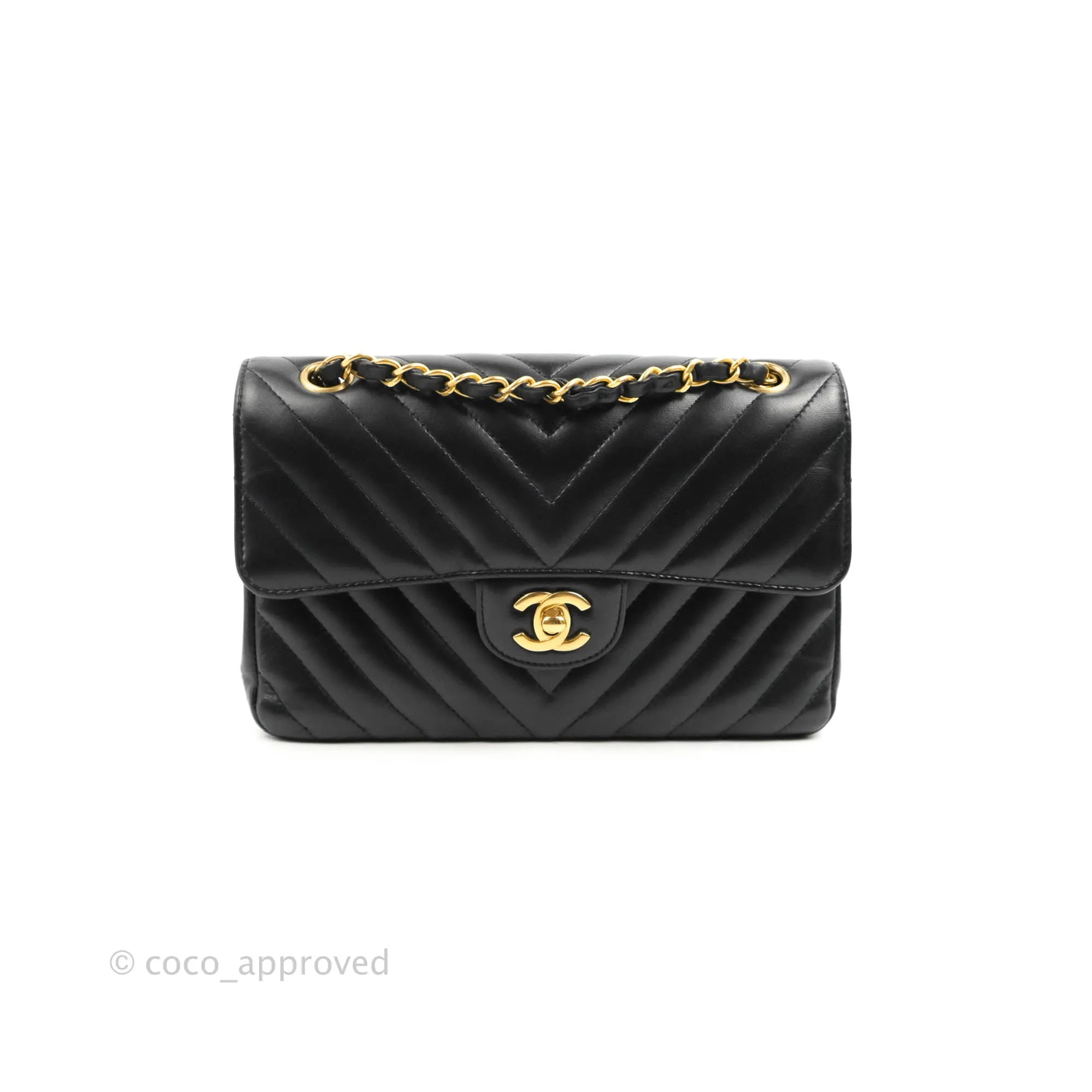 Chanel Classic Chevron S/M Small Double Flap Black Lambskin Gold Hardware