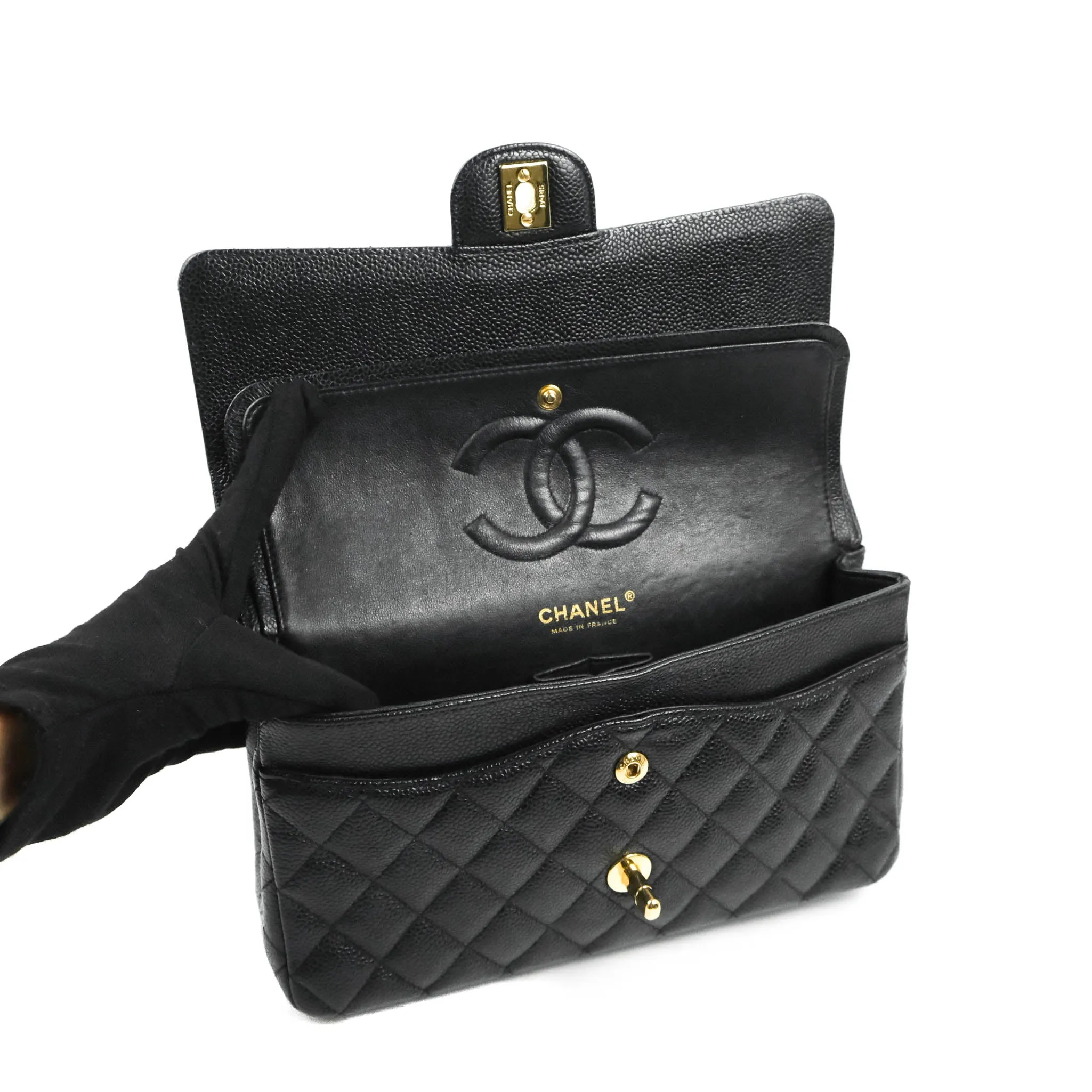 Chanel Classic Medium M/L Flap Black Caviar 24K Gold Hardware