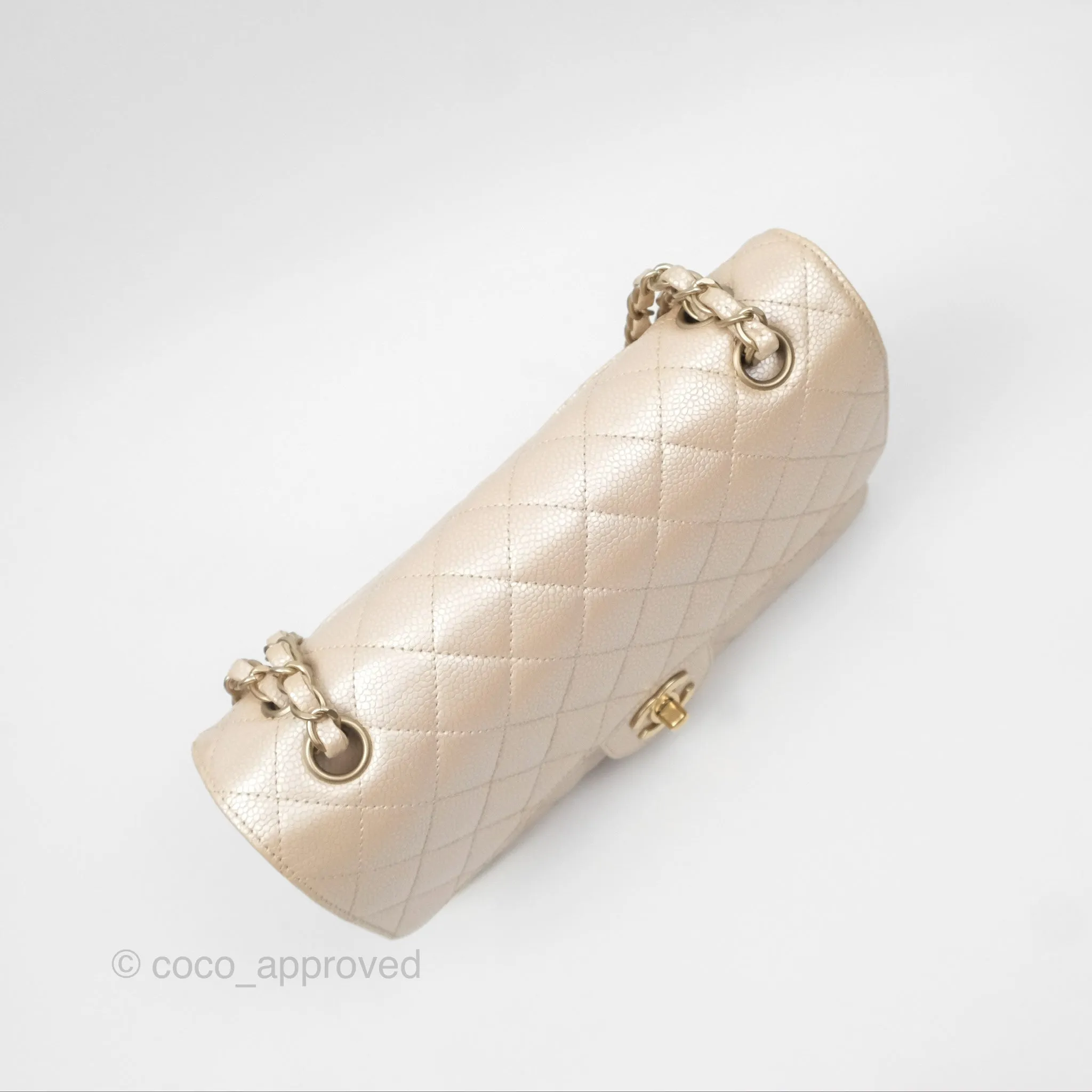 Chanel Classic M/L Medium Double Flap Iridescent Pearly Caviar Aged Gold Hardware⁣⁣