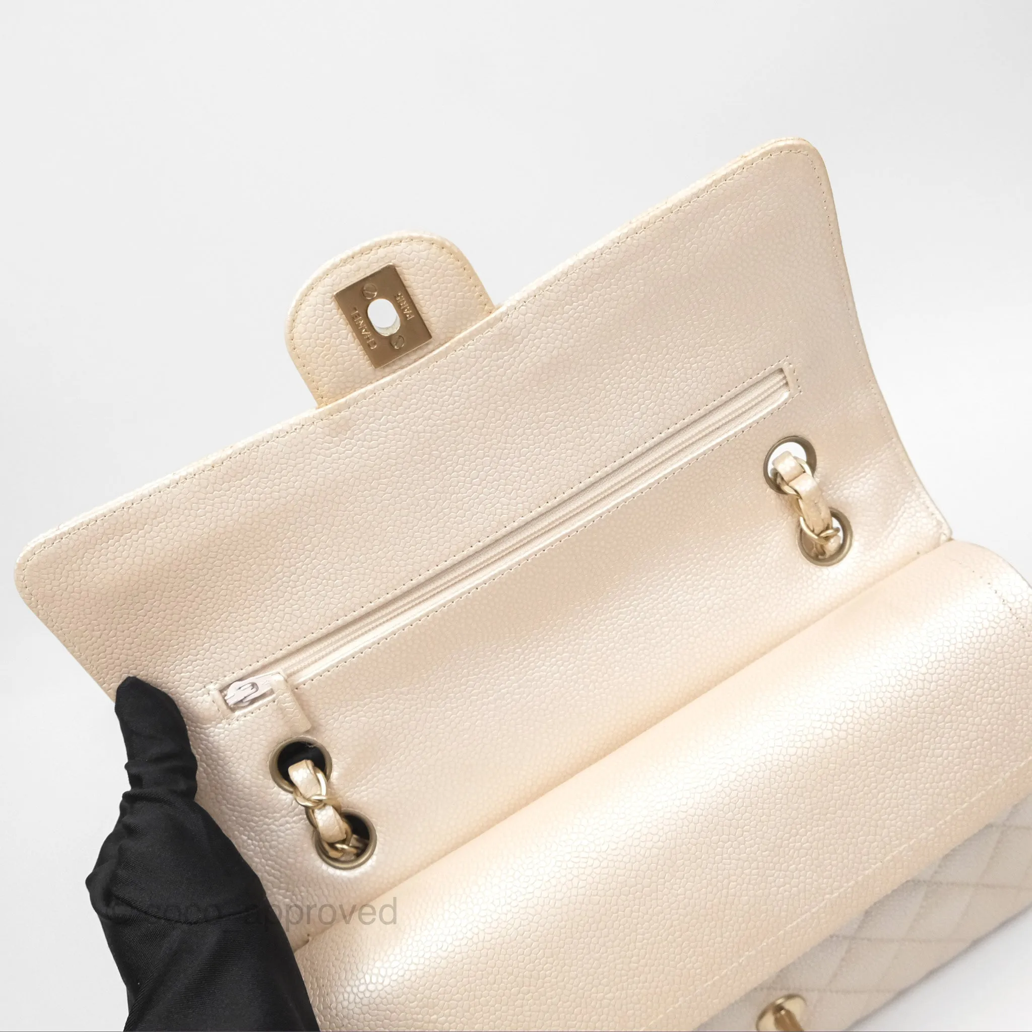 Chanel Classic M/L Medium Double Flap Iridescent Pearly Caviar Aged Gold Hardware⁣⁣