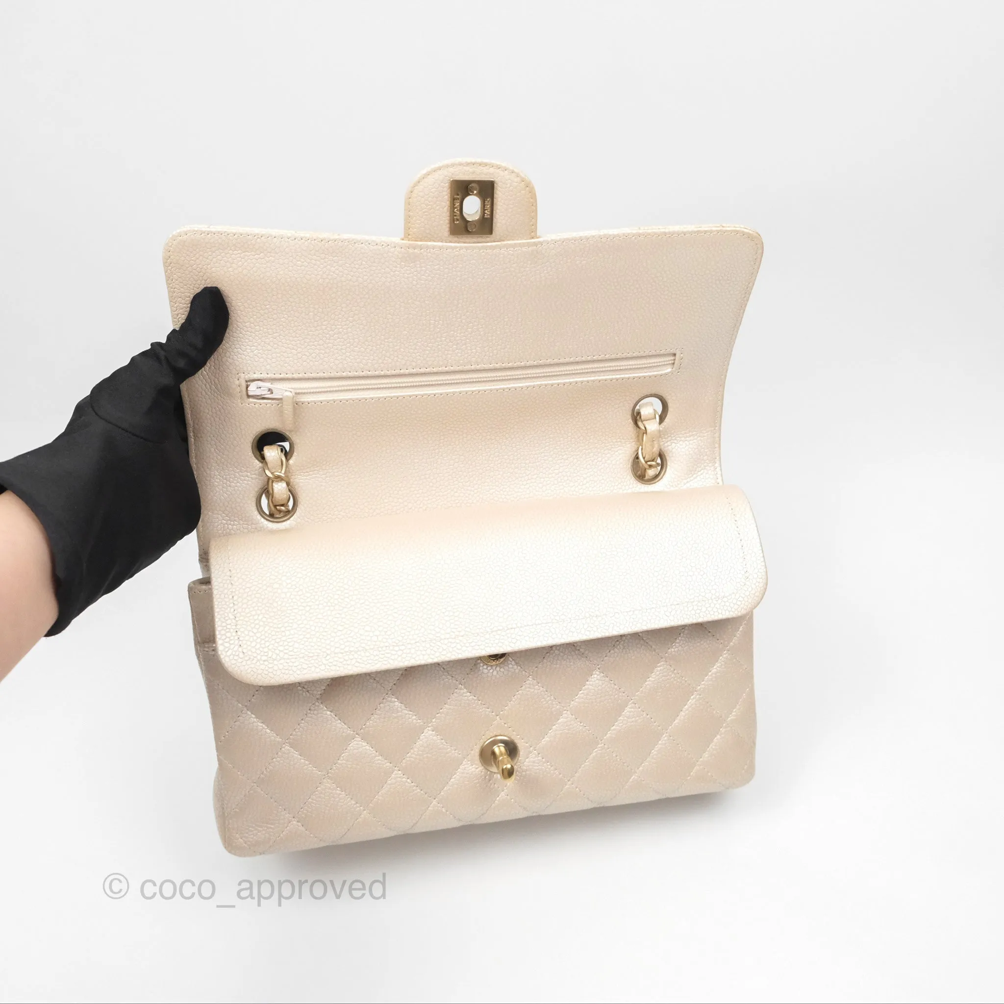Chanel Classic M/L Medium Double Flap Iridescent Pearly Caviar Aged Gold Hardware⁣⁣