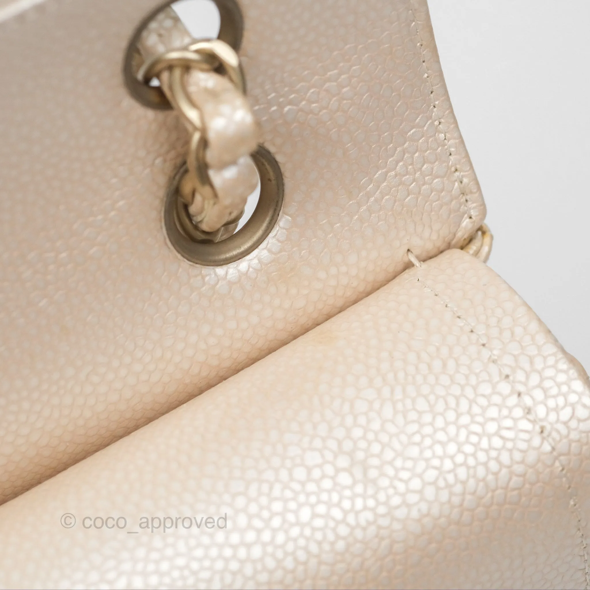 Chanel Classic M/L Medium Double Flap Iridescent Pearly Caviar Aged Gold Hardware⁣⁣