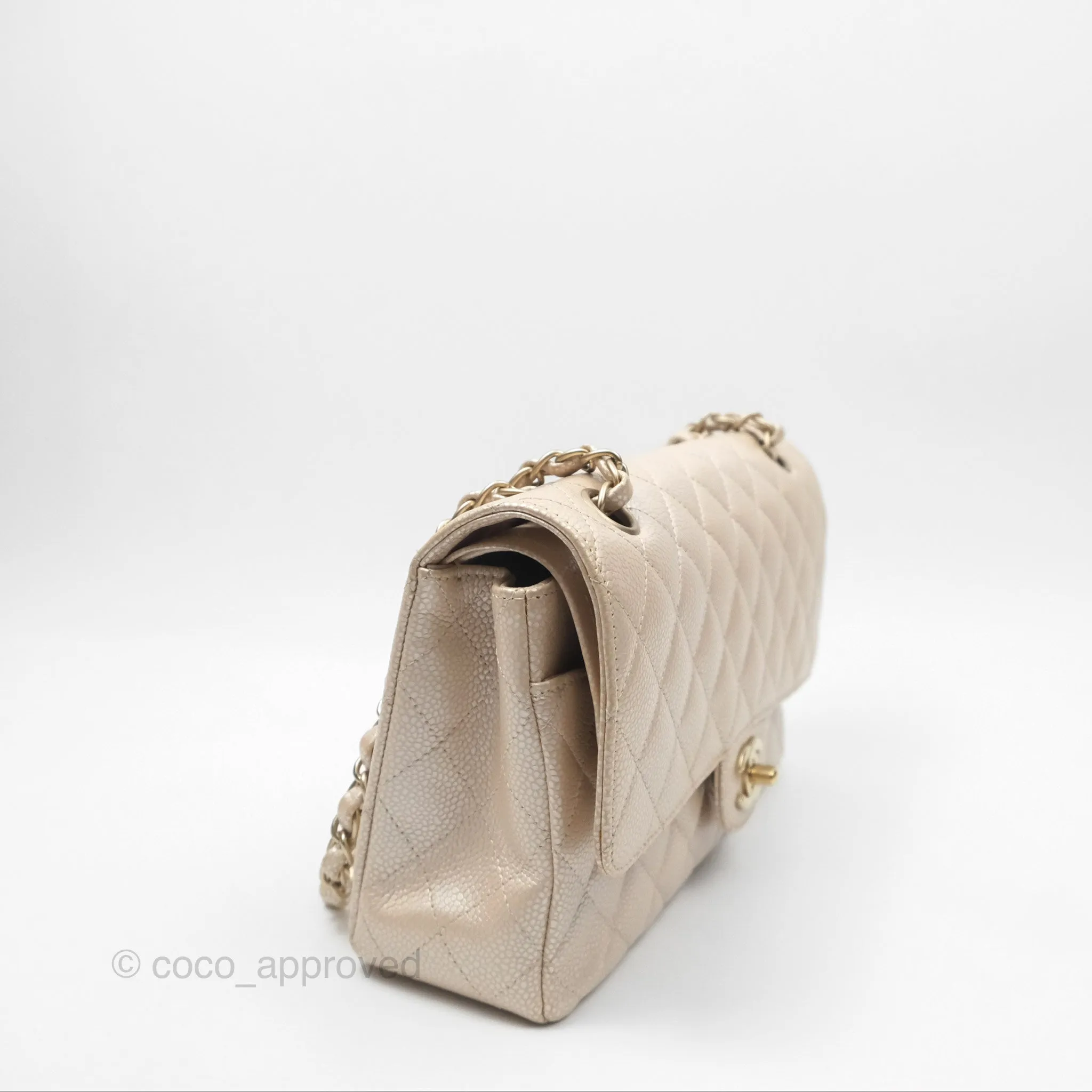 Chanel Classic M/L Medium Double Flap Iridescent Pearly Caviar Aged Gold Hardware⁣⁣