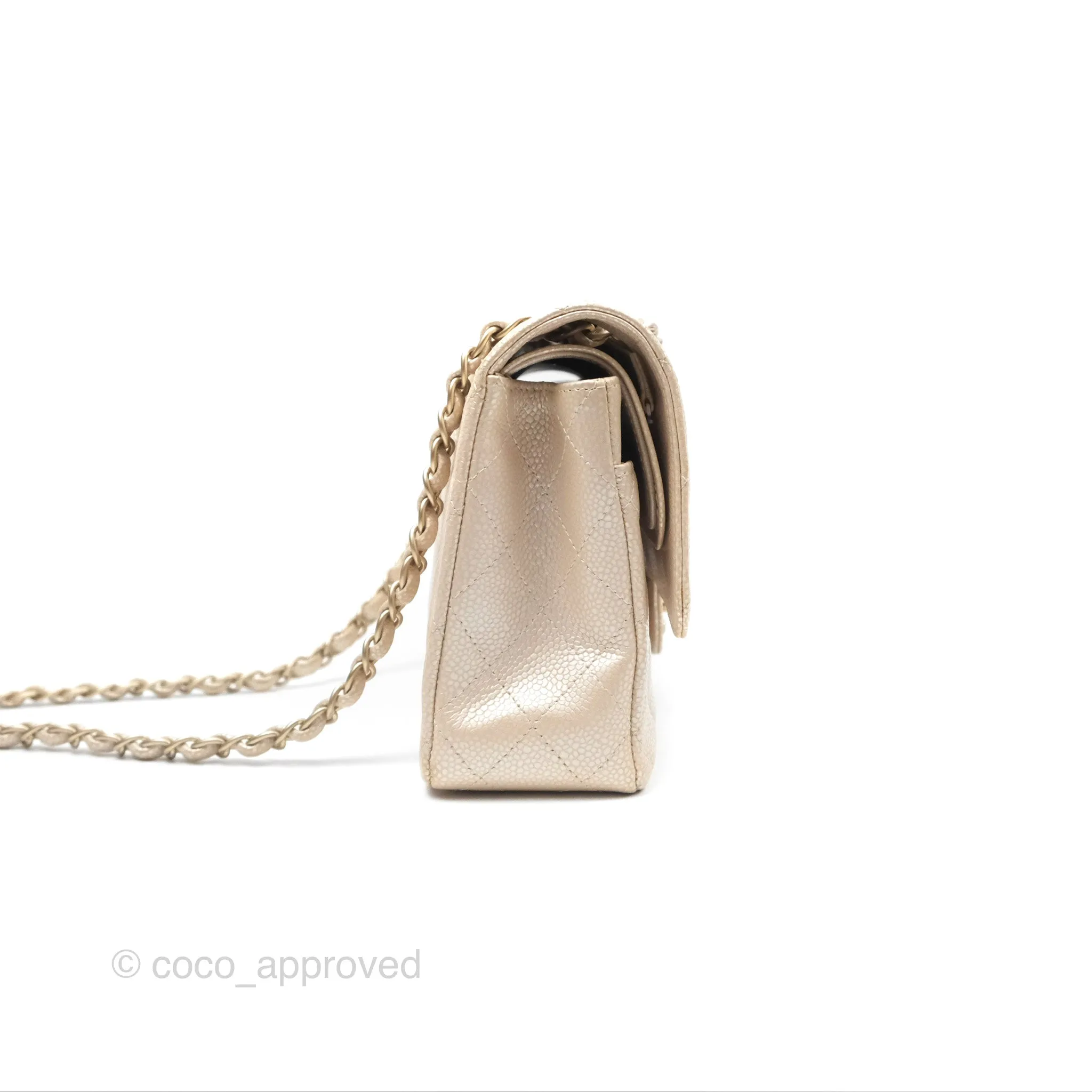 Chanel Classic M/L Medium Double Flap Iridescent Pearly Caviar Aged Gold Hardware⁣⁣
