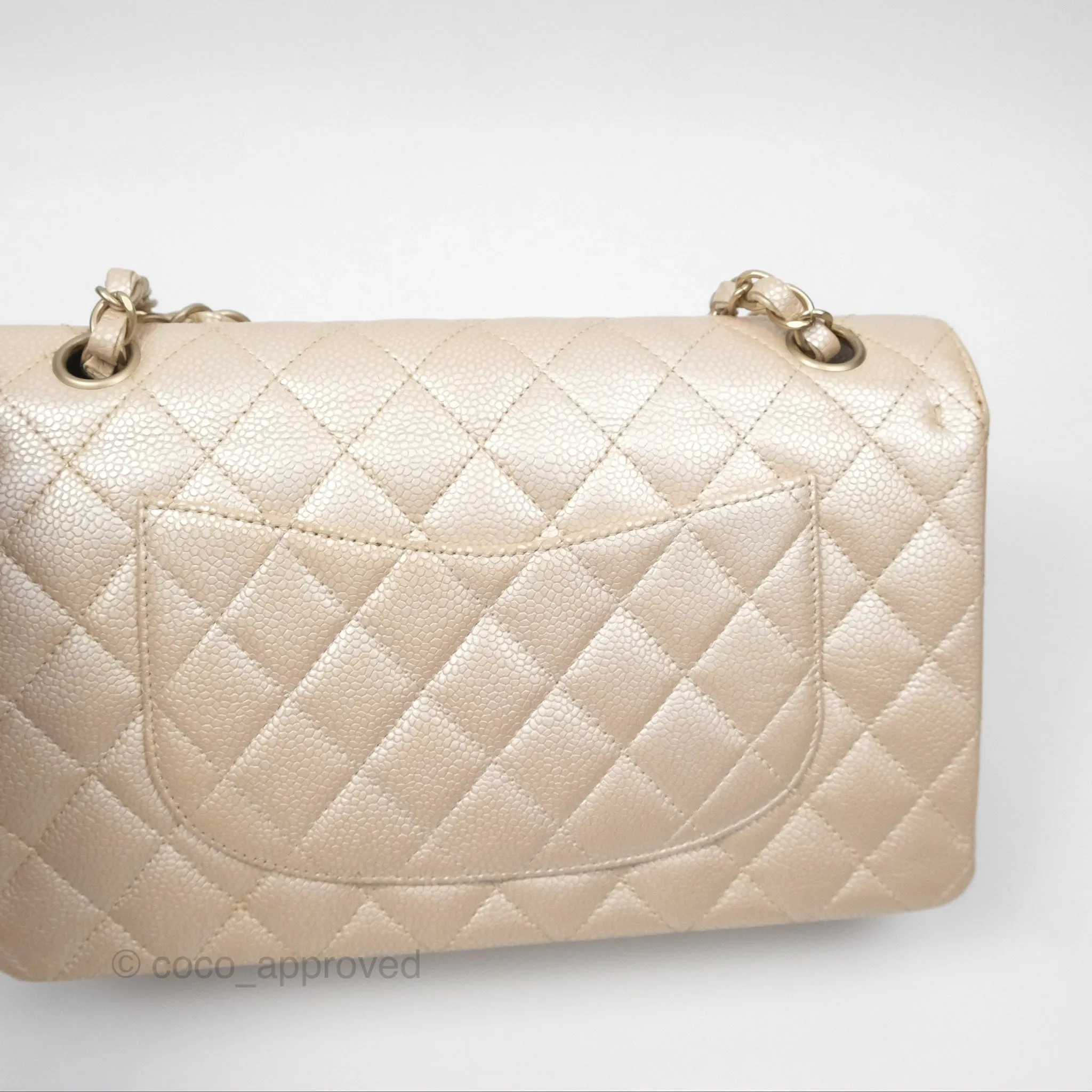 Chanel Classic M/L Medium Double Flap Iridescent Pearly Caviar Aged Gold Hardware⁣⁣