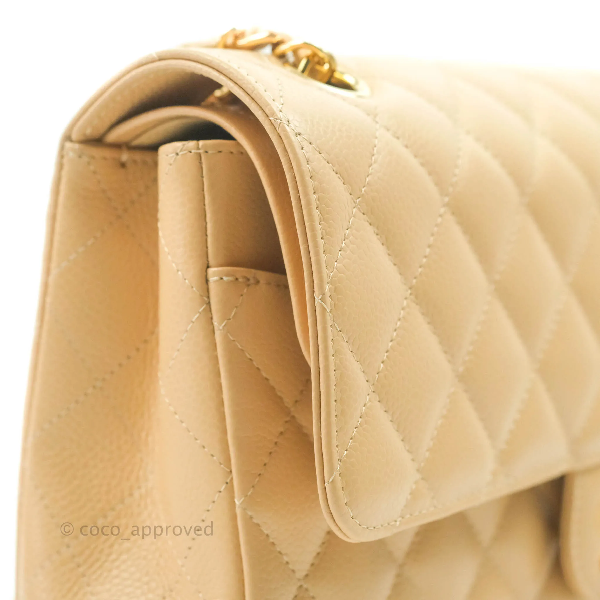 Chanel Classic M/L Medium Flap Quilted Beige Caviar Gold Hardware
