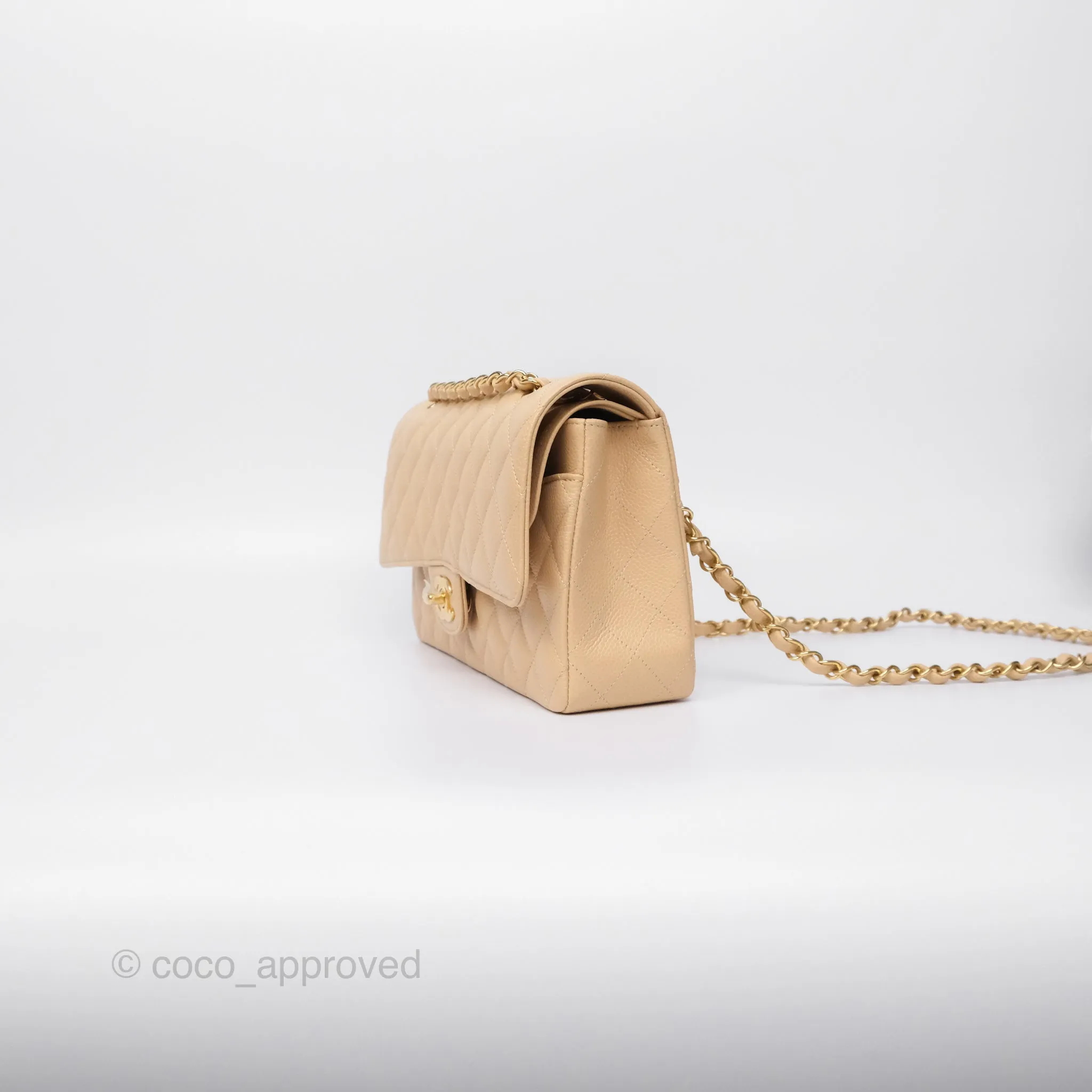 Chanel Classic M/L Medium Flap Quilted Beige Caviar Gold Hardware
