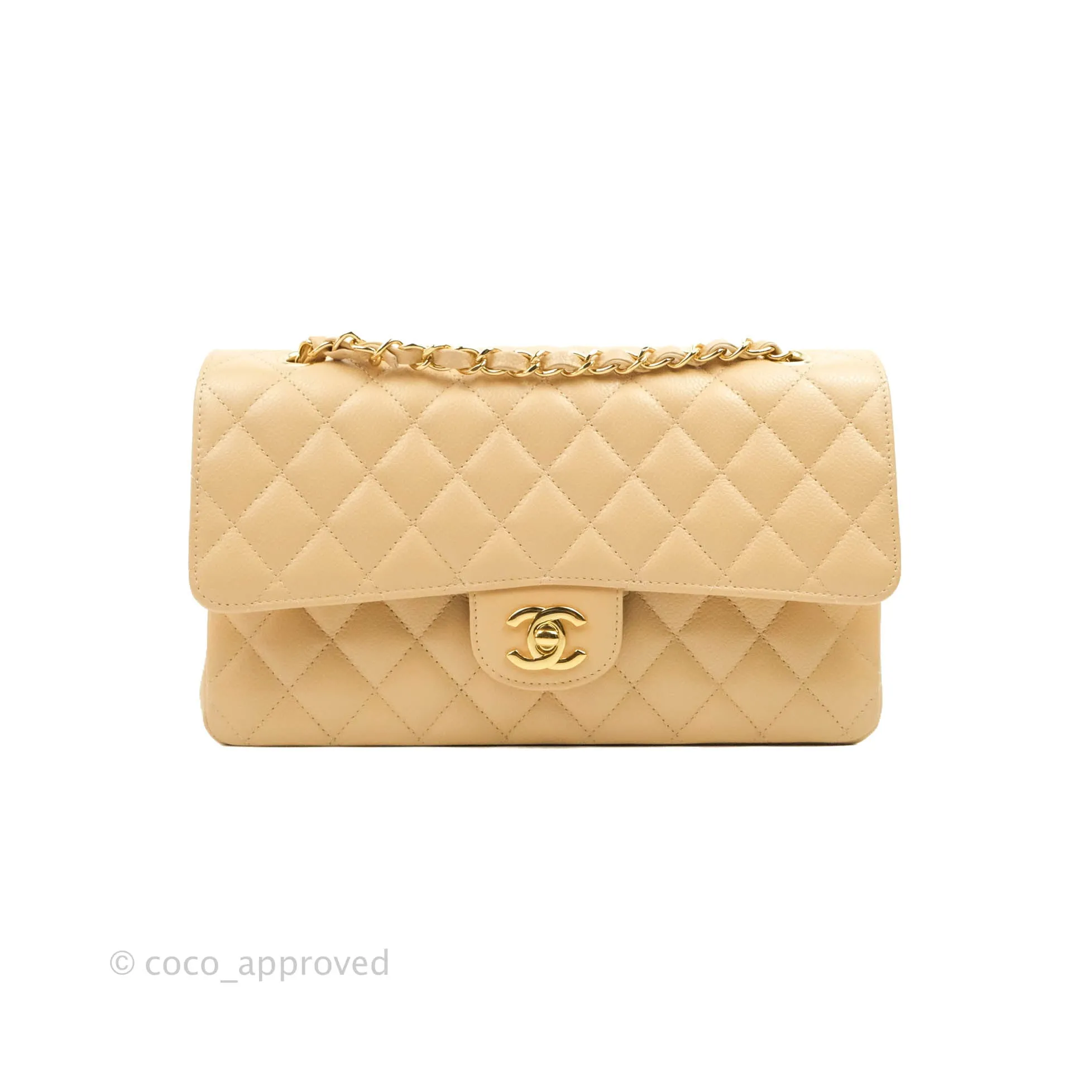 Chanel Classic M/L Medium Flap Quilted Beige Caviar Gold Hardware