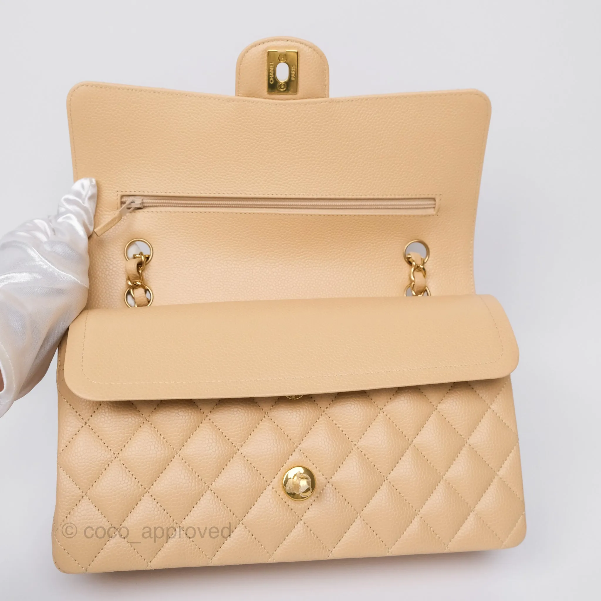 Chanel Classic M/L Medium Flap Quilted Beige Caviar Gold Hardware