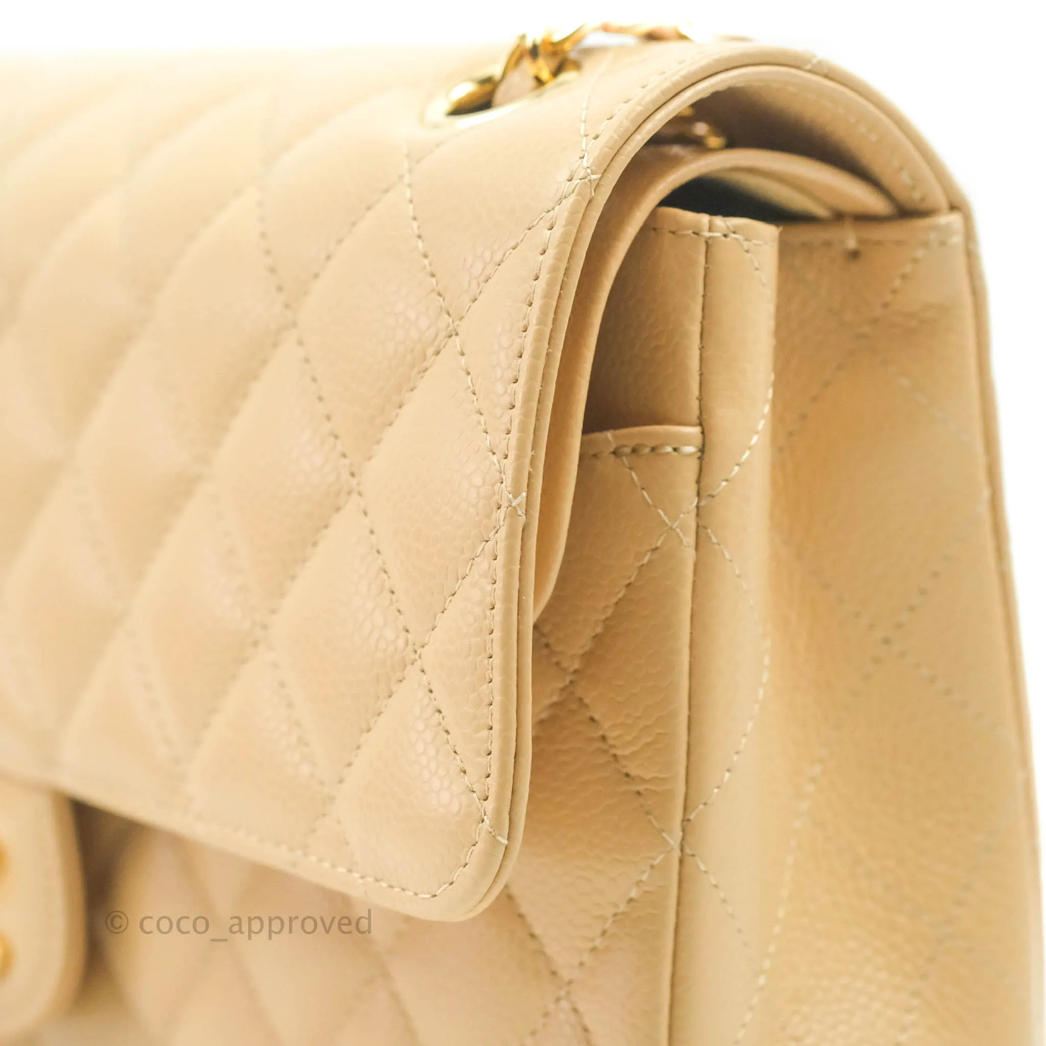 Chanel Classic M/L Medium Flap Quilted Beige Caviar Gold Hardware