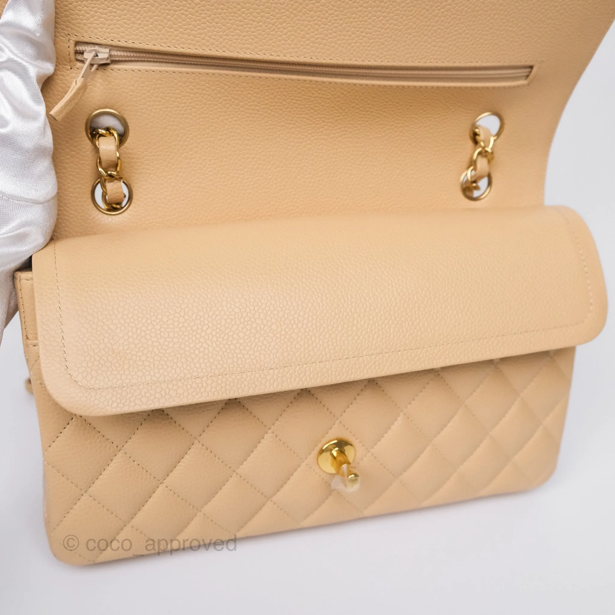 Chanel Classic M/L Medium Flap Quilted Beige Caviar Gold Hardware