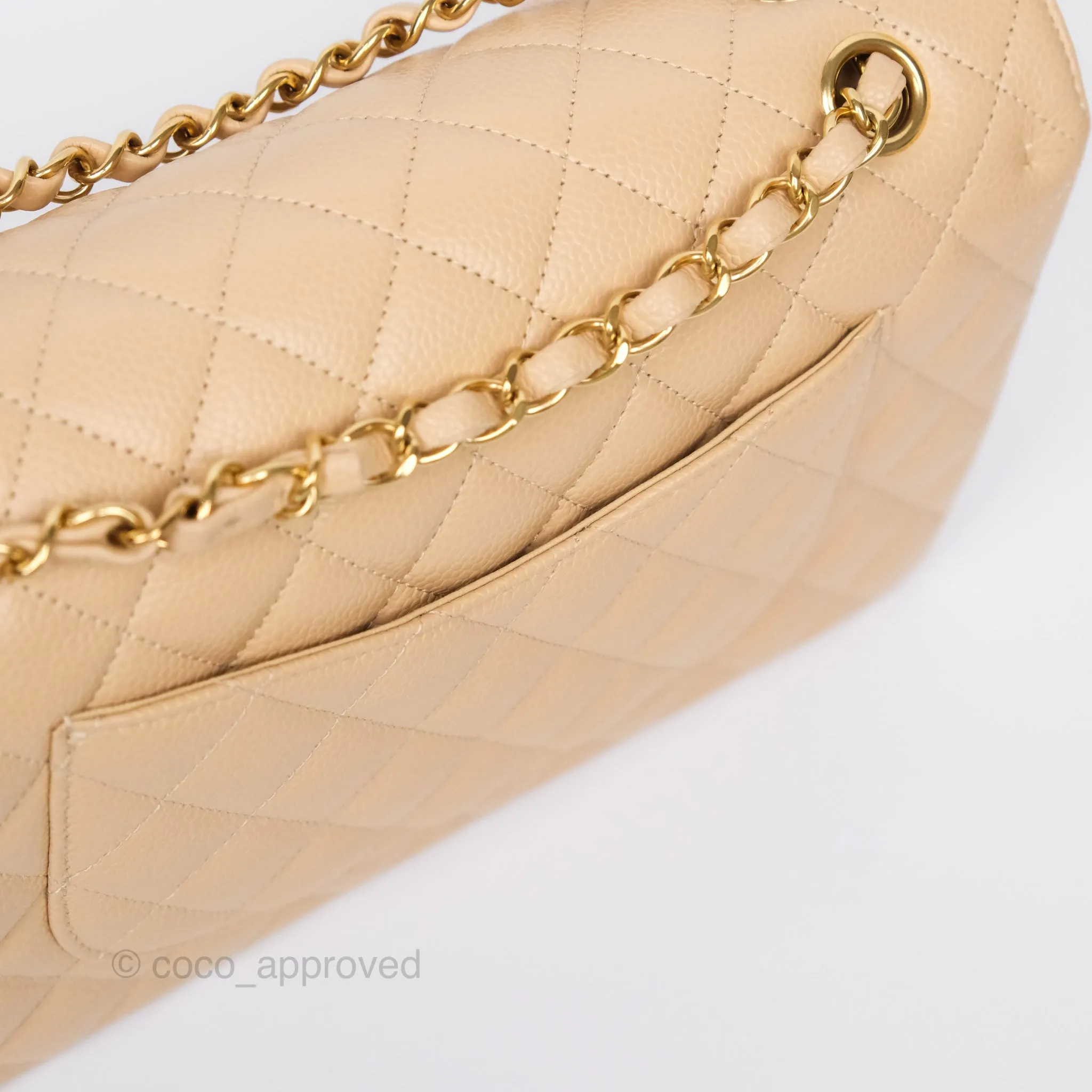 Chanel Classic M/L Medium Flap Quilted Beige Caviar Gold Hardware