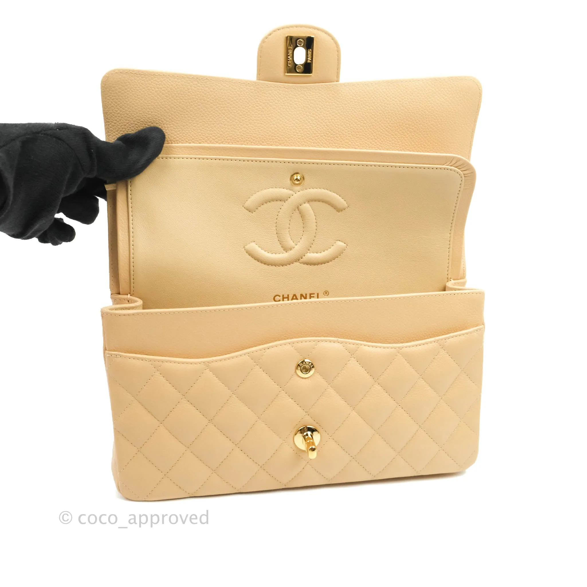 Chanel Classic M/L Medium Flap Quilted Beige Caviar Gold Hardware
