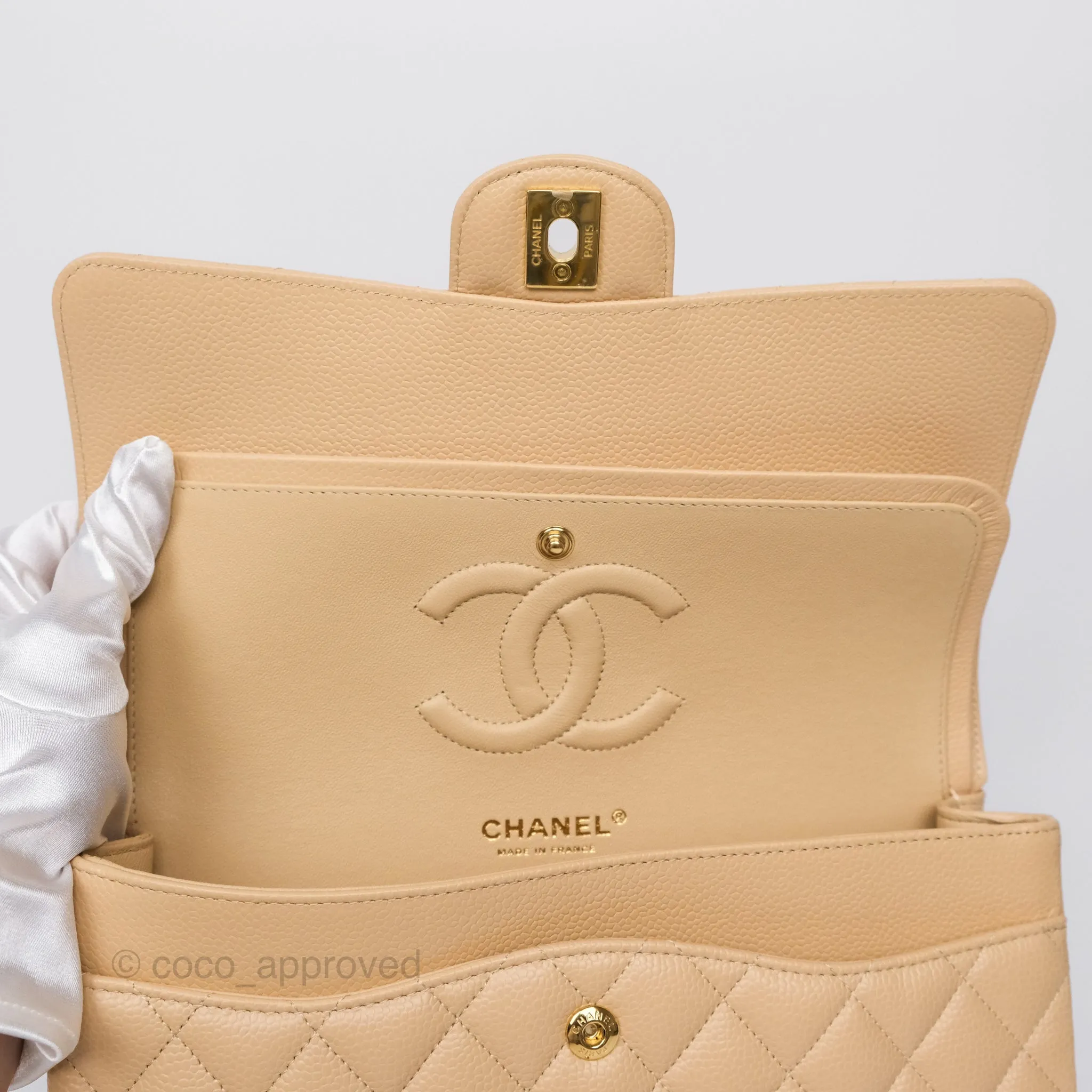 Chanel Classic M/L Medium Flap Quilted Beige Caviar Gold Hardware