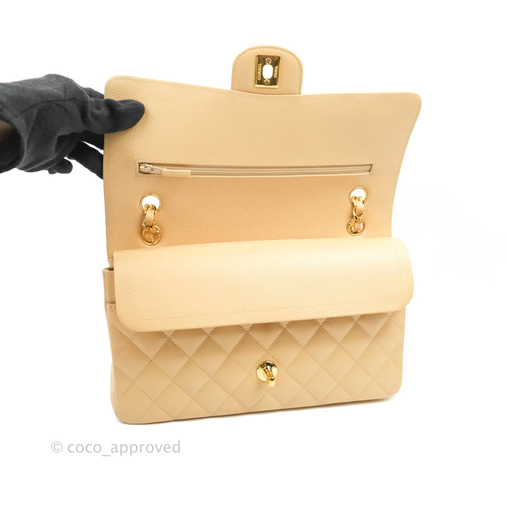 Chanel Classic M/L Medium Flap Quilted Beige Caviar Gold Hardware
