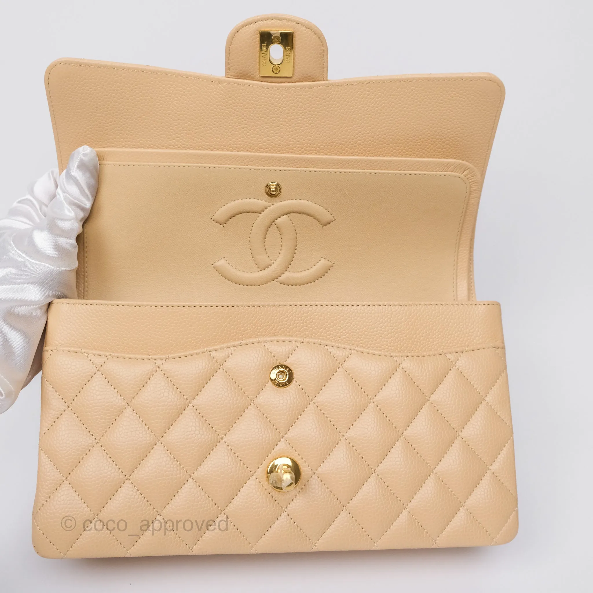 Chanel Classic M/L Medium Flap Quilted Beige Caviar Gold Hardware