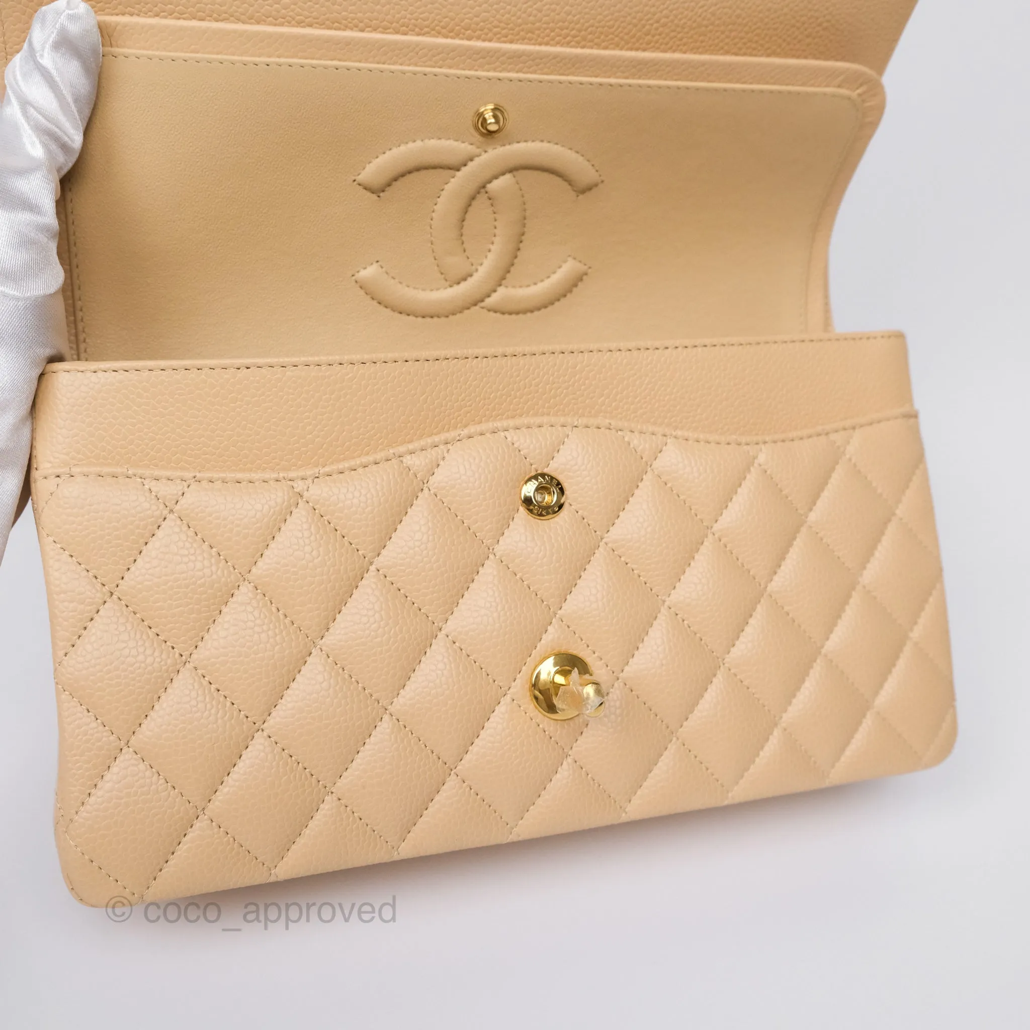 Chanel Classic M/L Medium Flap Quilted Beige Caviar Gold Hardware