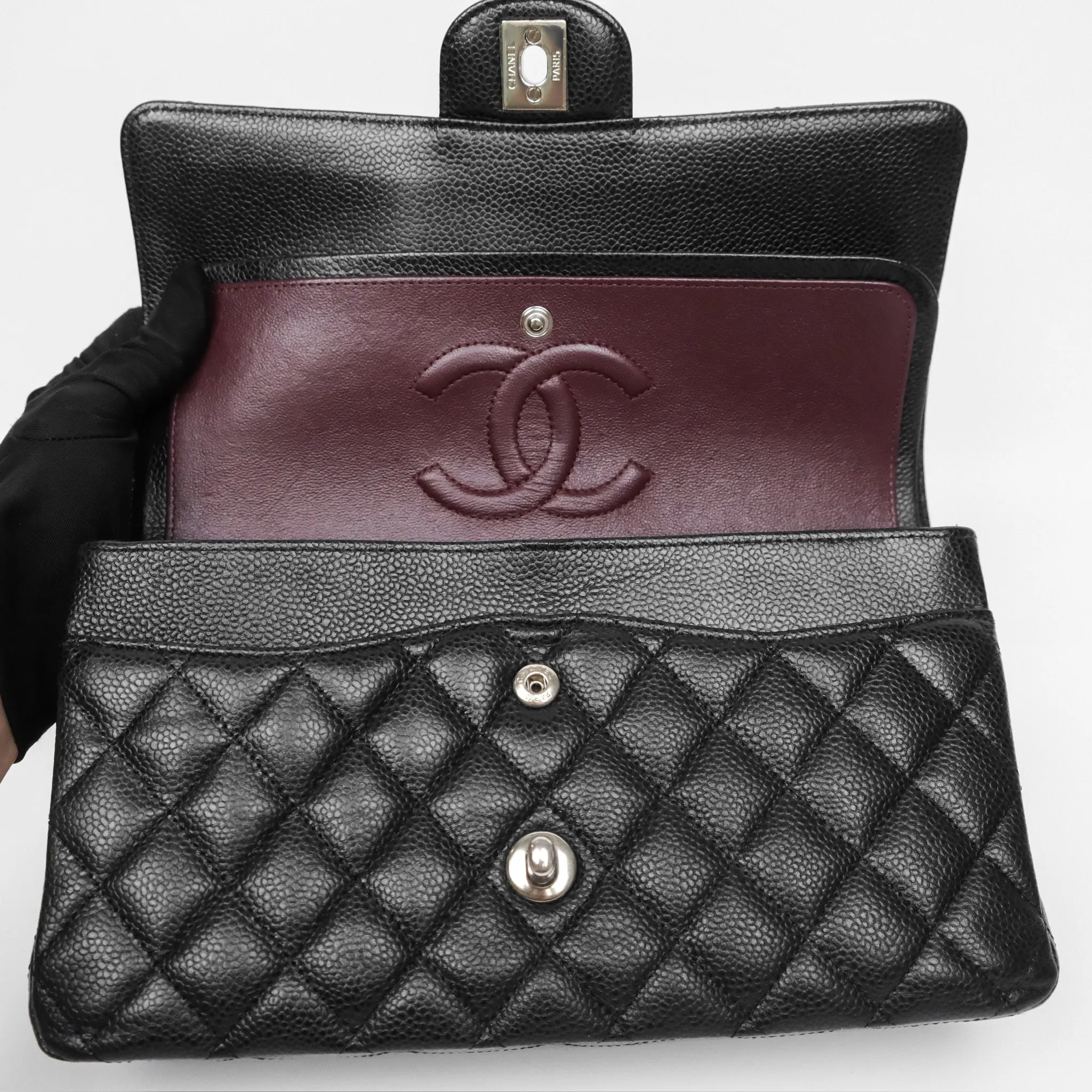 Chanel Classic M/L Medium Flap Quilted Black Caviar Silver Hardware