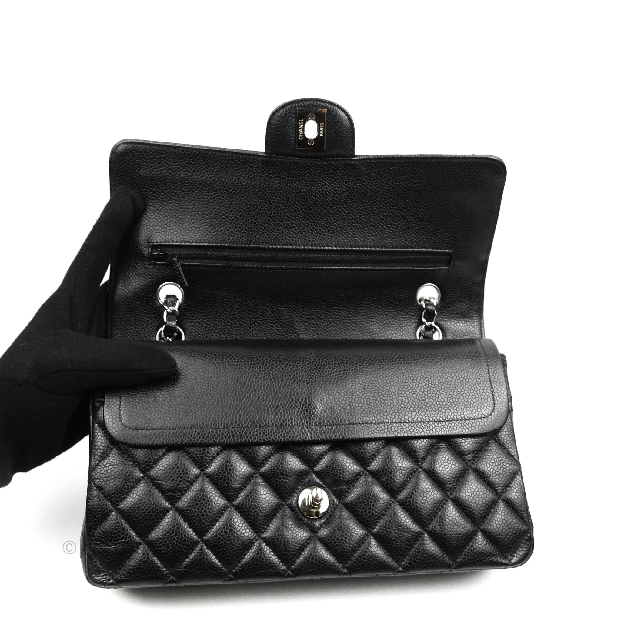 Chanel Classic M/L Medium Flap Quilted Black Caviar Silver Hardware