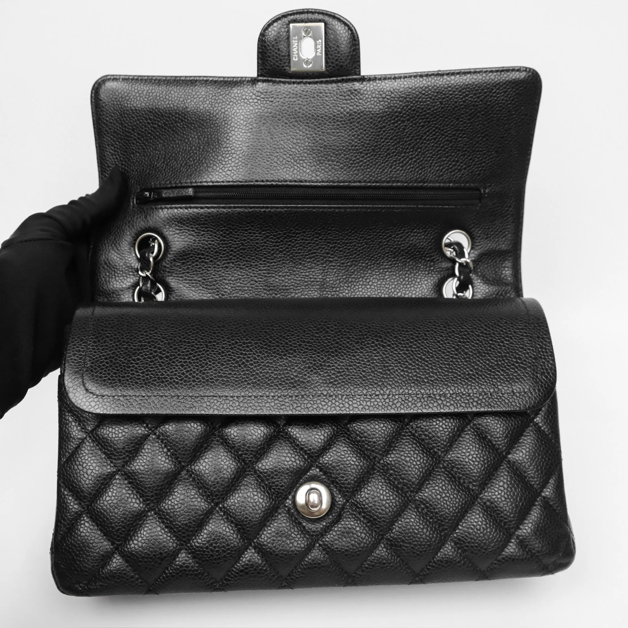 Chanel Classic M/L Medium Flap Quilted Black Caviar Silver Hardware