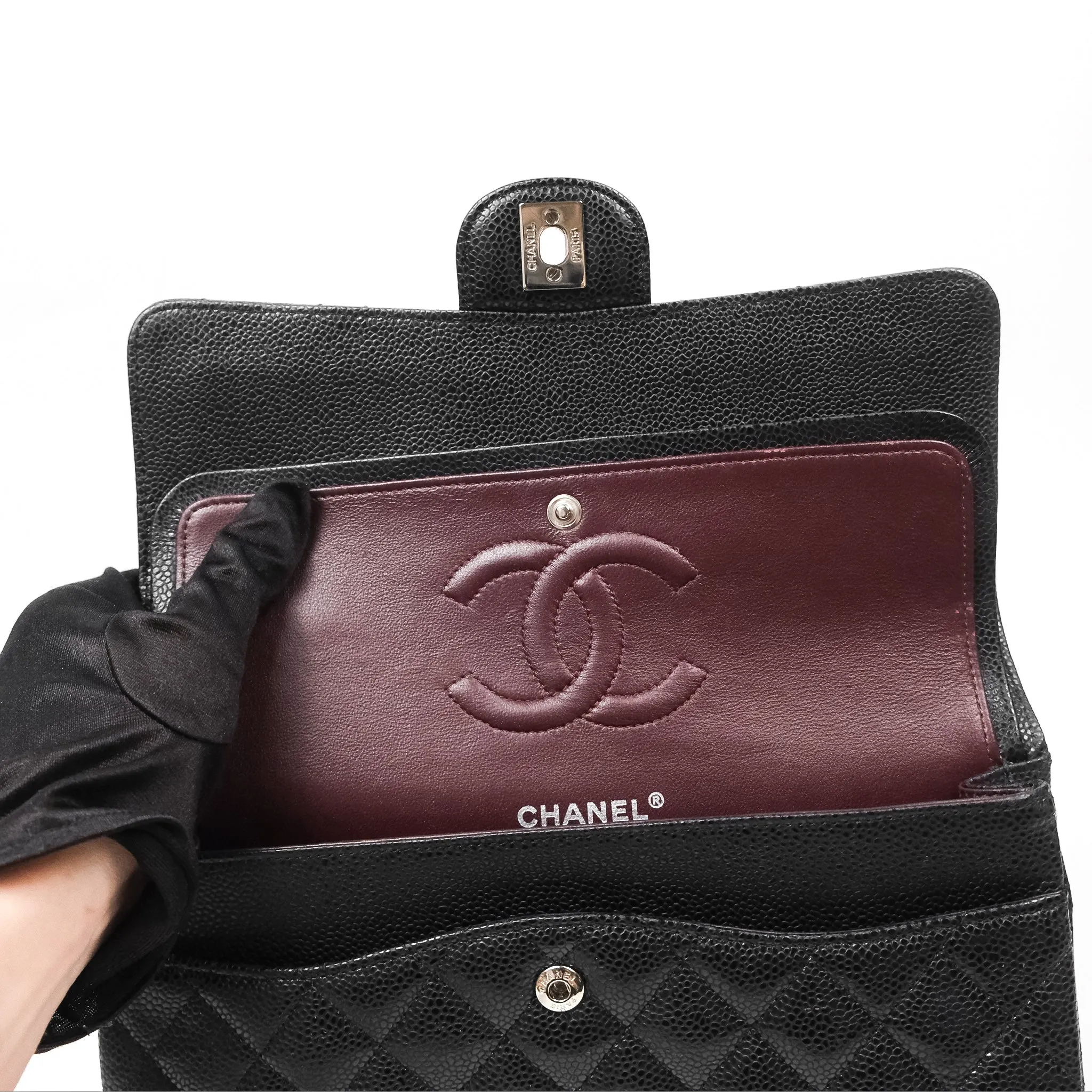 Chanel Classic M/L Medium Flap Quilted Black Caviar Silver Hardware