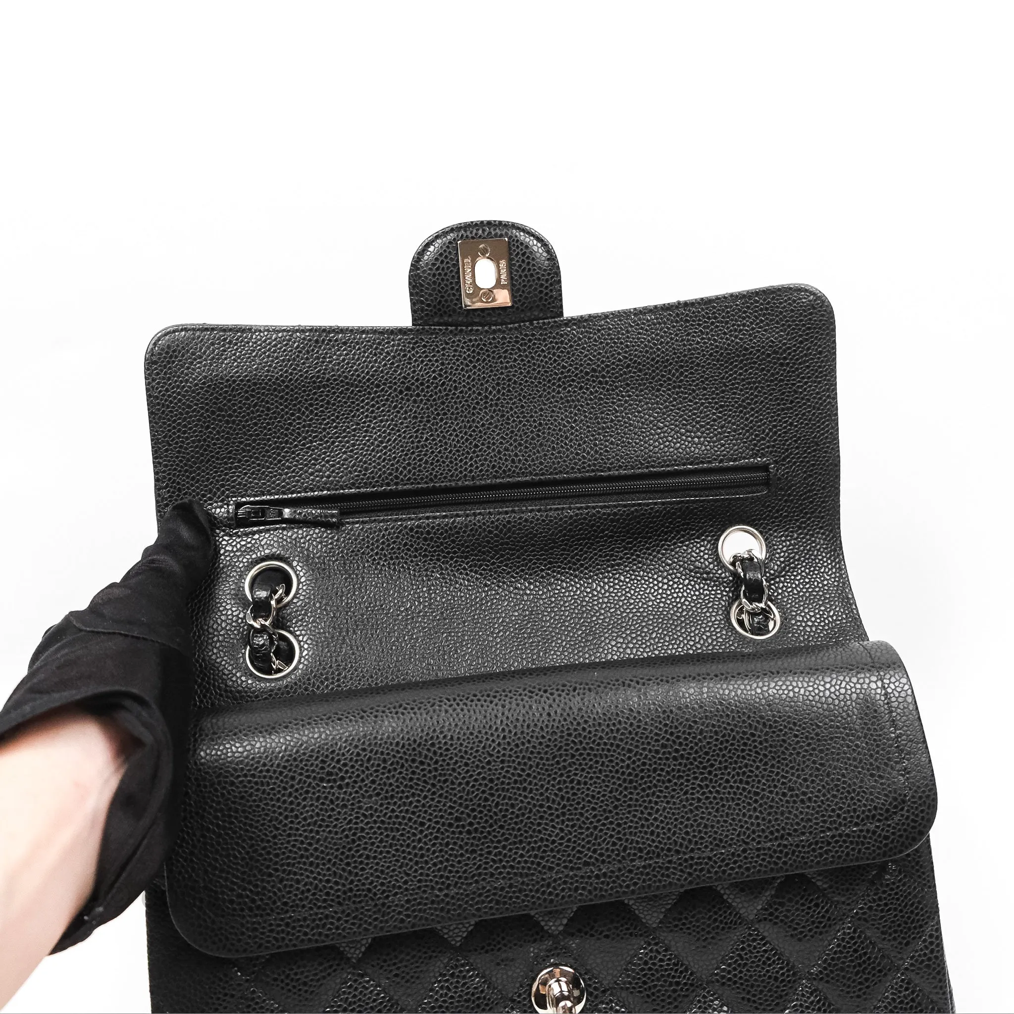 Chanel Classic M/L Medium Flap Quilted Black Caviar Silver Hardware