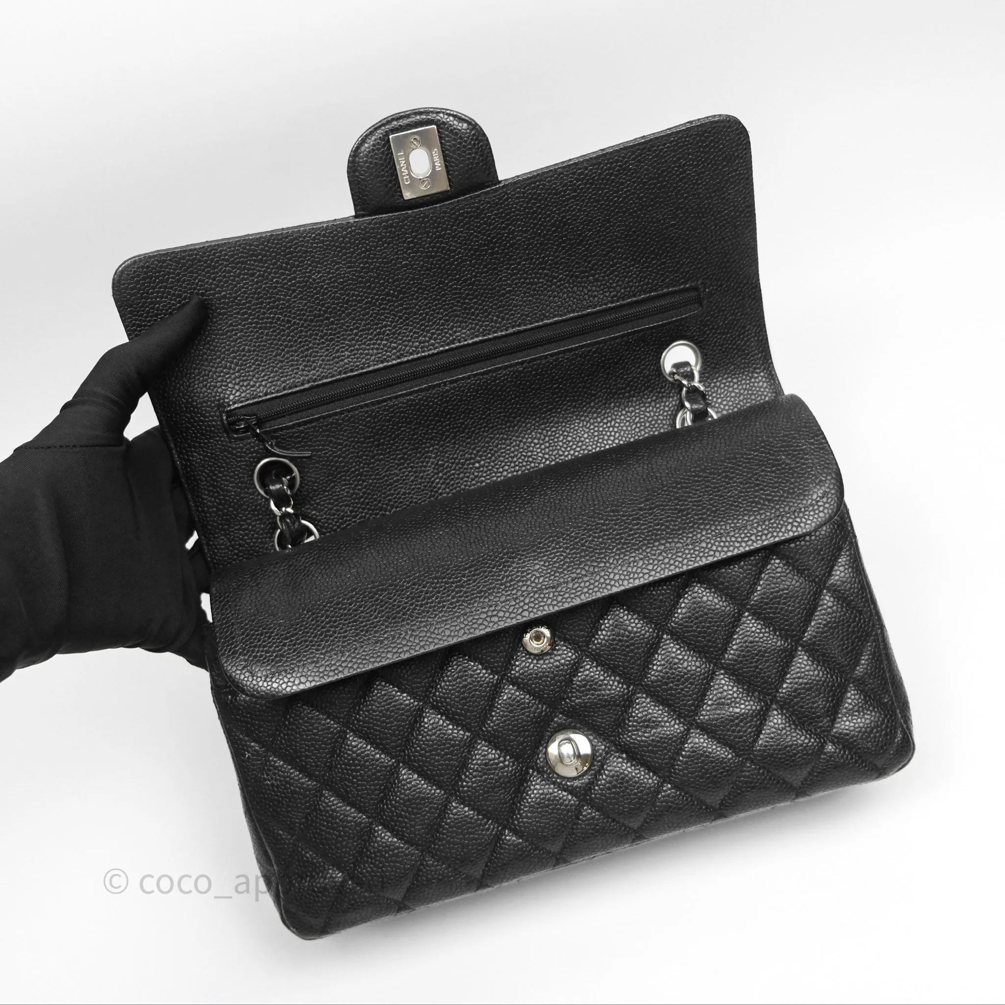 Chanel Classic M/L Medium Flap Quilted Black Caviar Silver Hardware