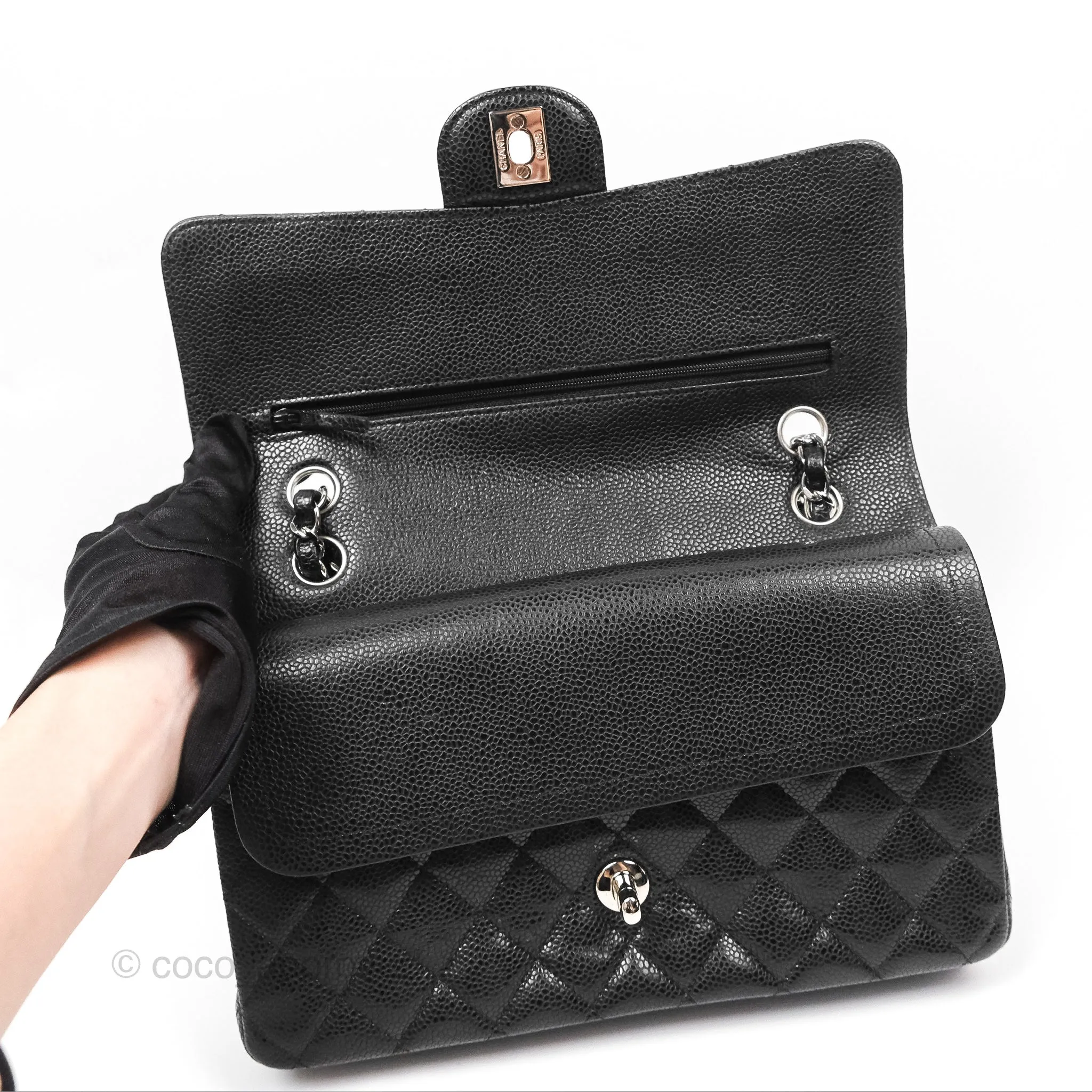 Chanel Classic M/L Medium Flap Quilted Black Caviar Silver Hardware