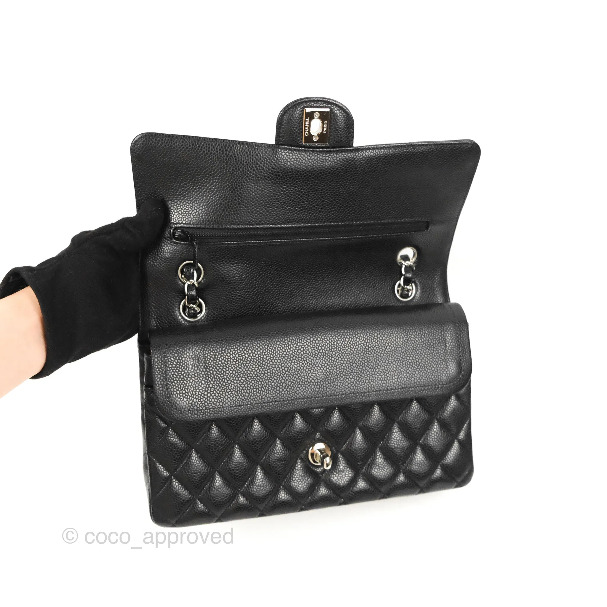 Chanel Classic M/L Medium Flap Quilted Black Caviar Silver Hardware