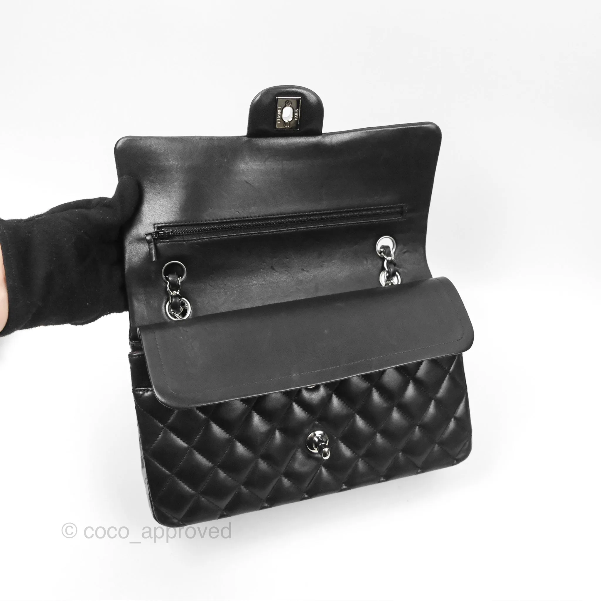 Chanel Classic M/L Medium Flap Quilted Black Lambskin Silver Hardware